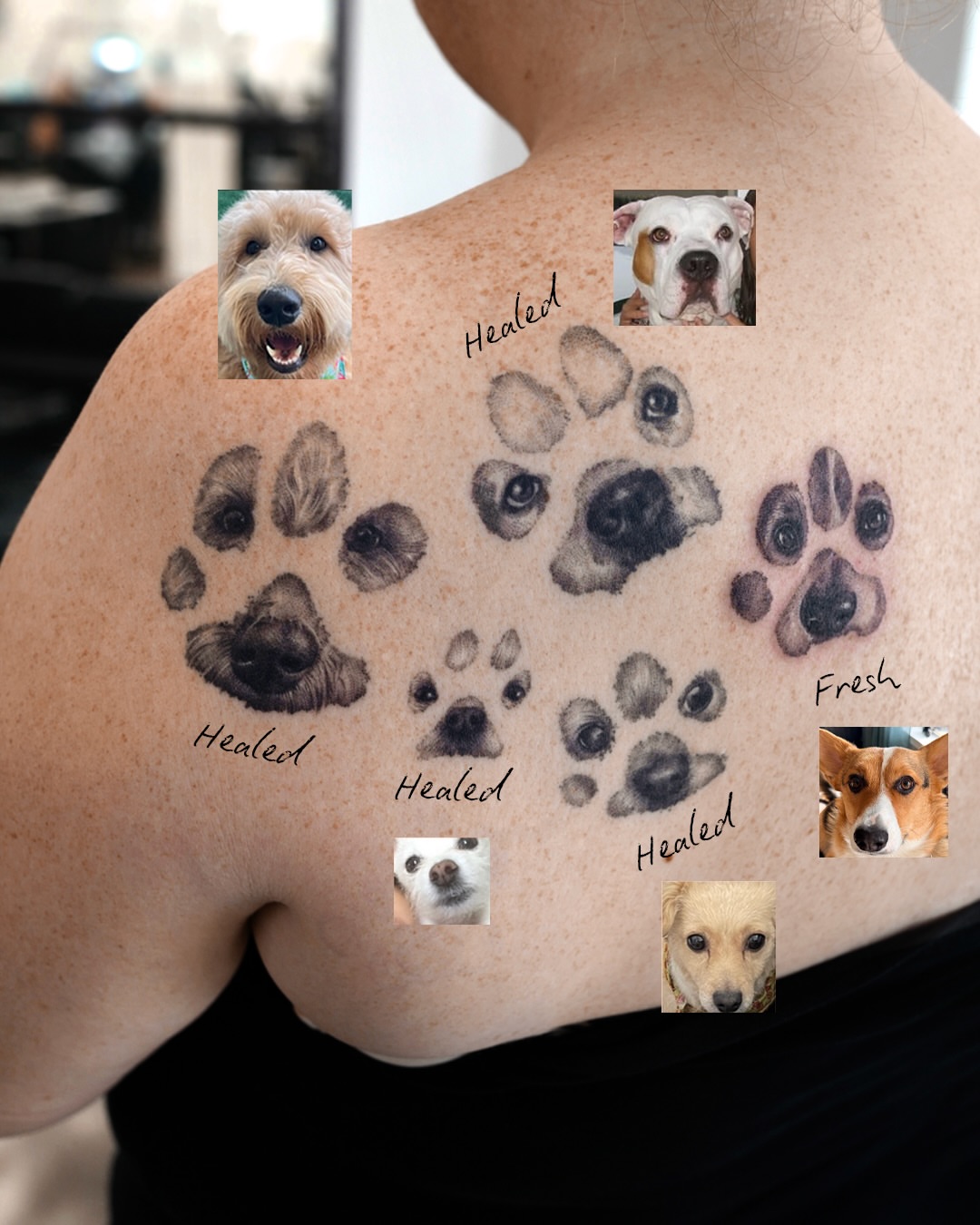 Dog paw prints dotwork tattoo on the back by Ria Kim 김리아