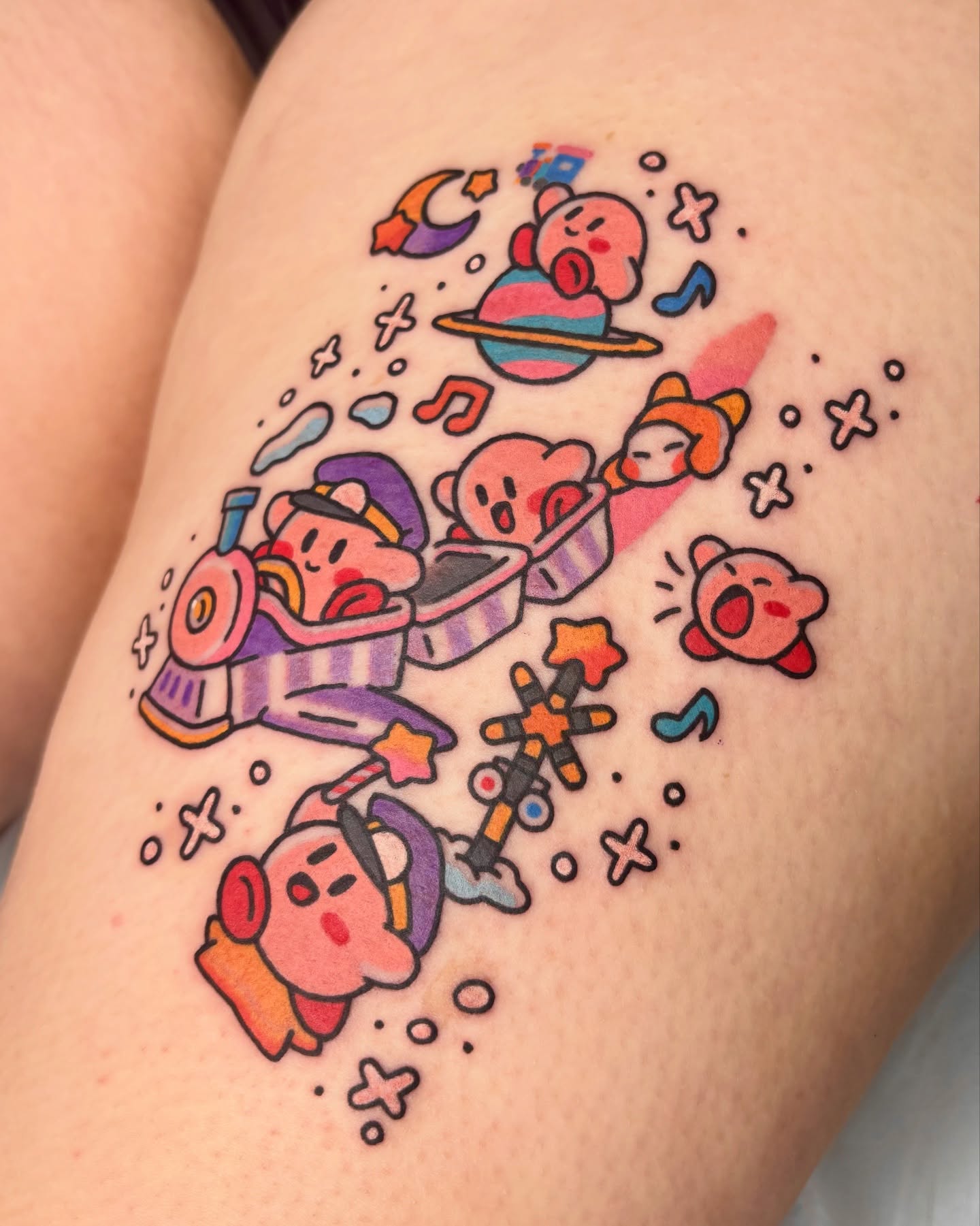 Kirby characters new school tattoo on the thigh by XINAMON 🔥 시나몬