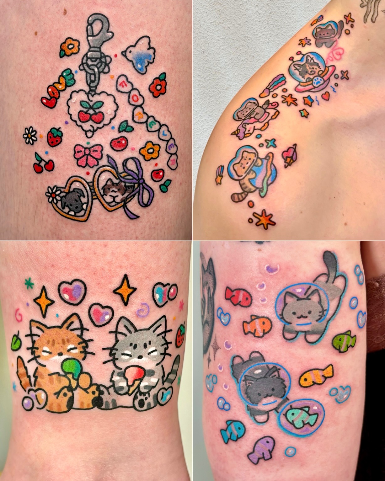 Kittens and fish new school tattoo on the upper arm by XINAMON 🔥 시나몬