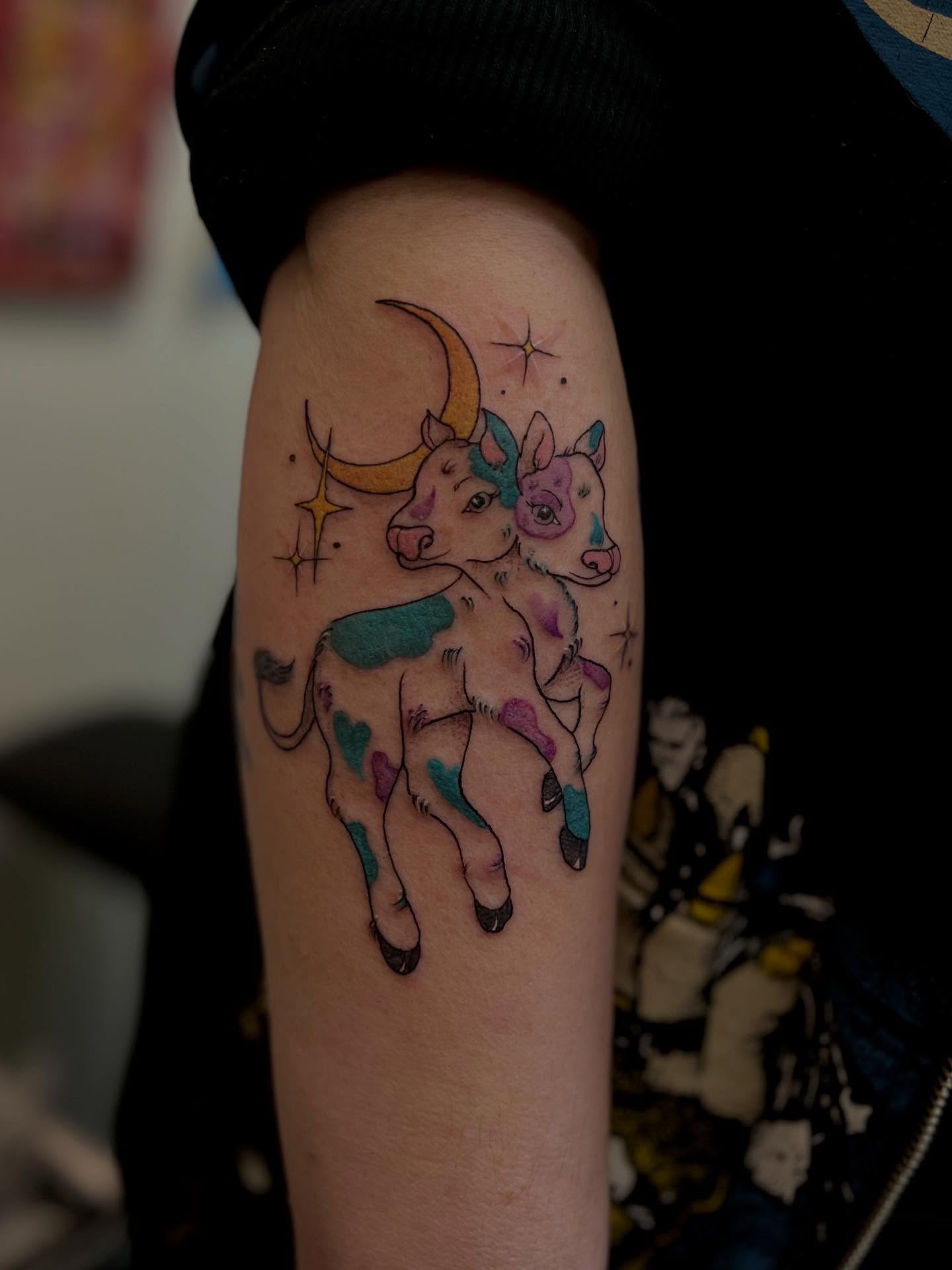 Goat with moon and stars new school tattoo on the forearm by 𝖑𝖎𝖑 𝖗𝖎𝖘𝖘