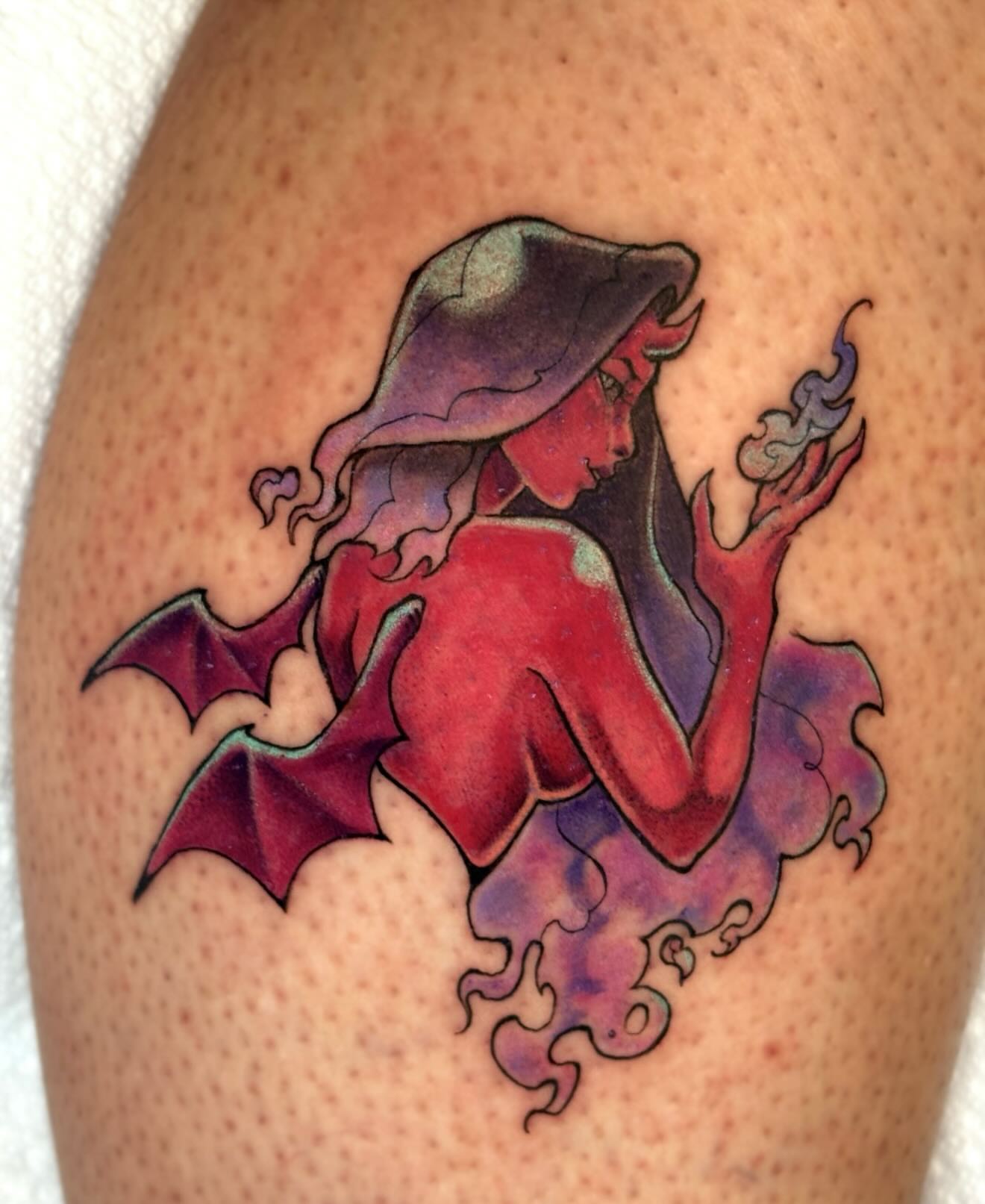 Witch American traditional tattoo on the thigh by jo, Wichita, Kansas