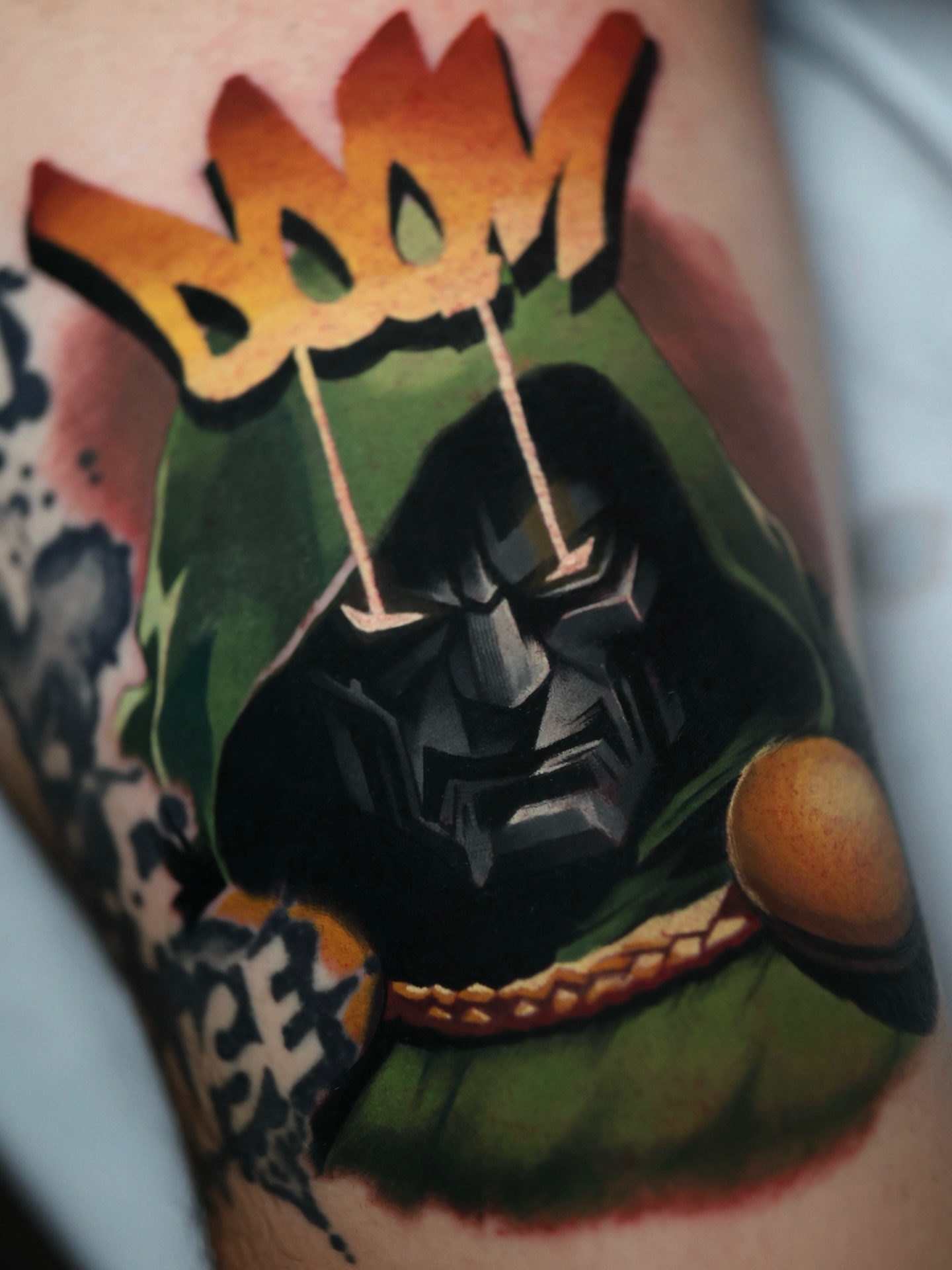 Dr. doom dark realism tattoo on the forearm by Bee Rye