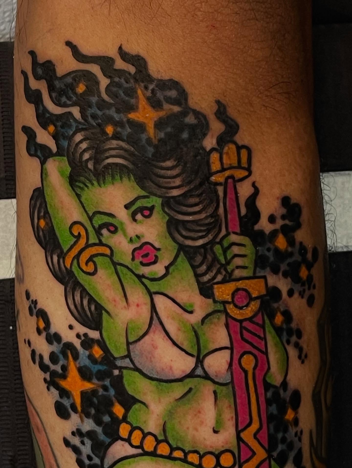 Mermaid American traditional tattoo on the thigh by Ian Bederman, Austin, Texas
