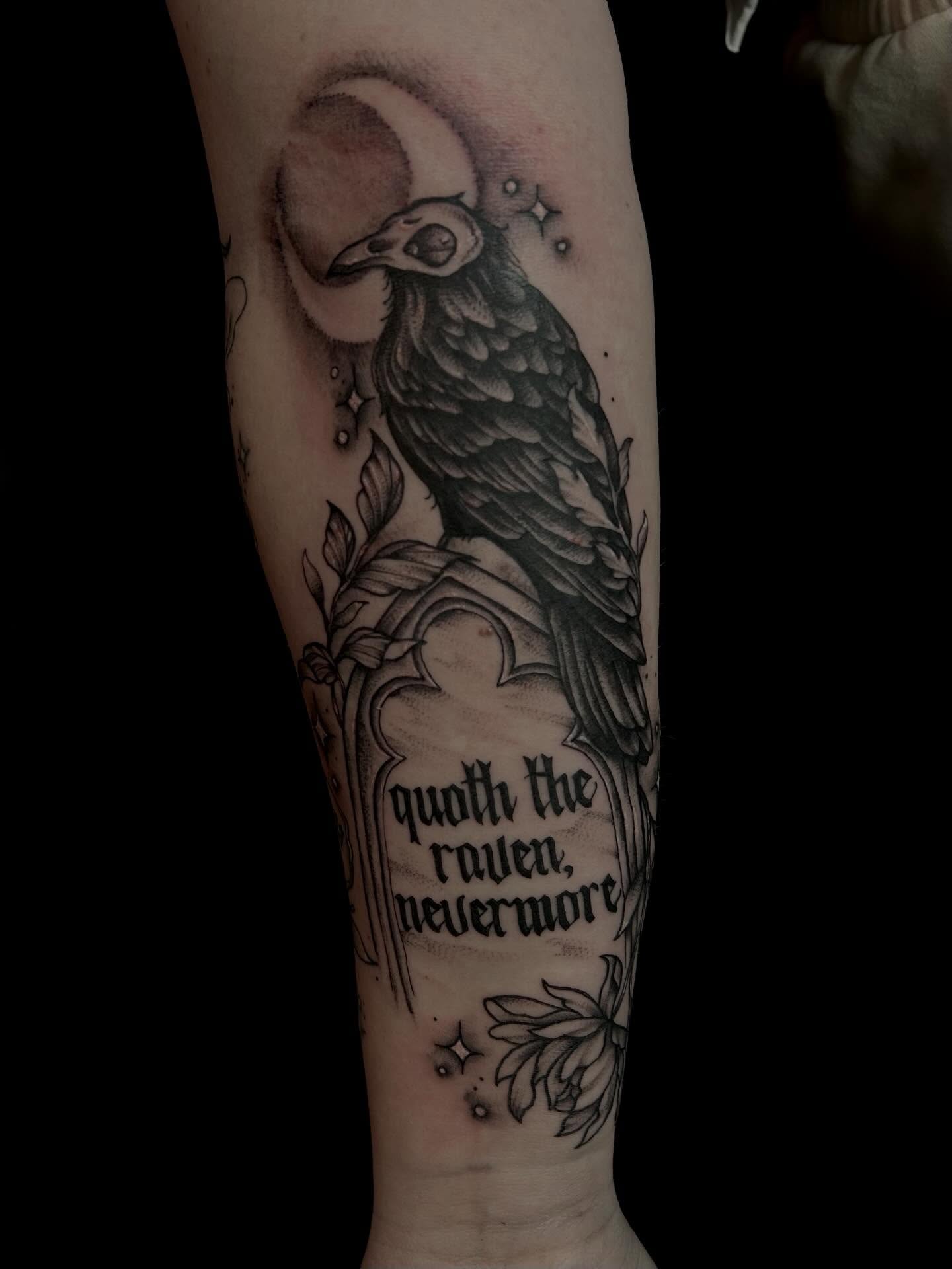 Raven realism tattoo on the forearm by abby ☽ marie