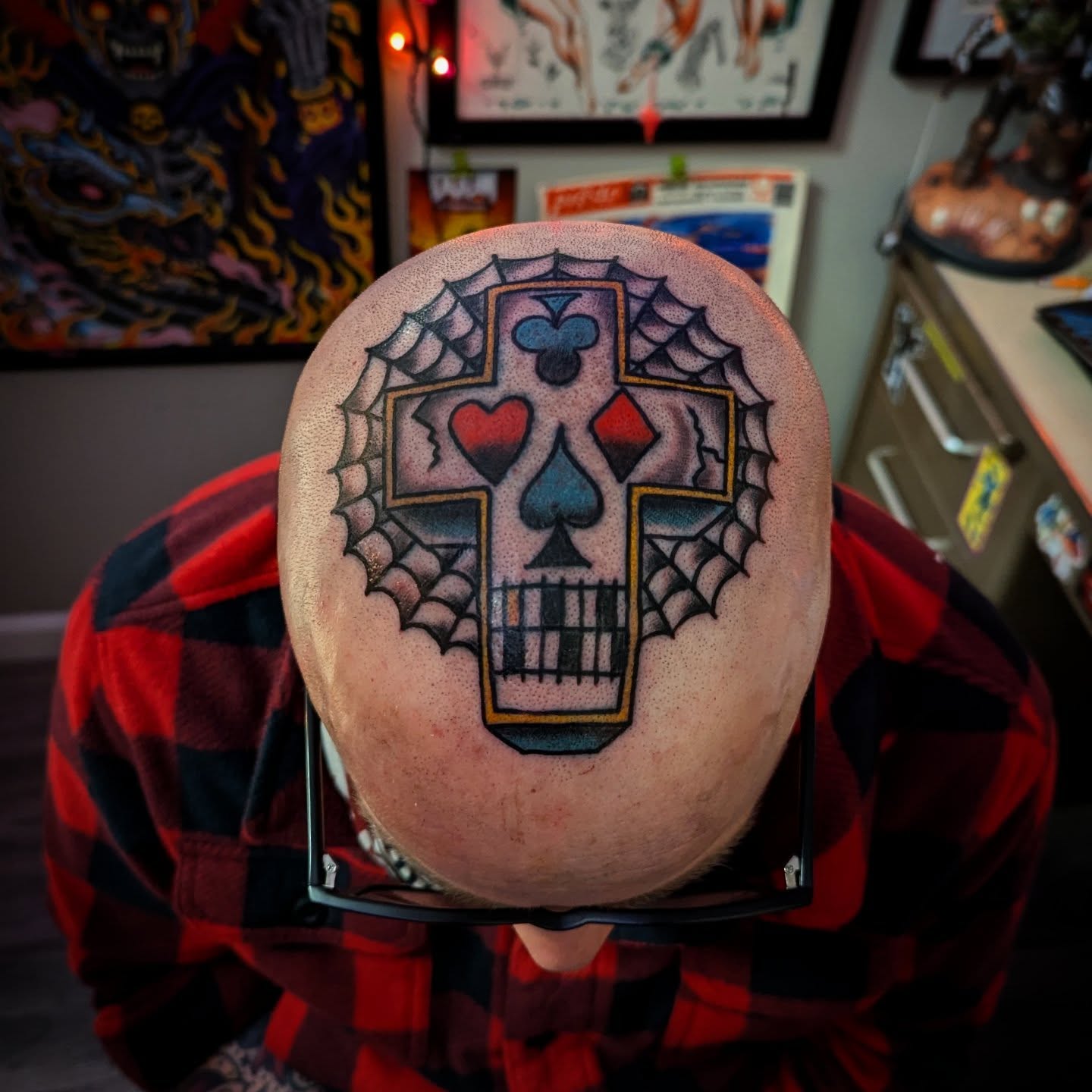 Sugar skull American traditional tattoo on the head by Ryan Slegel