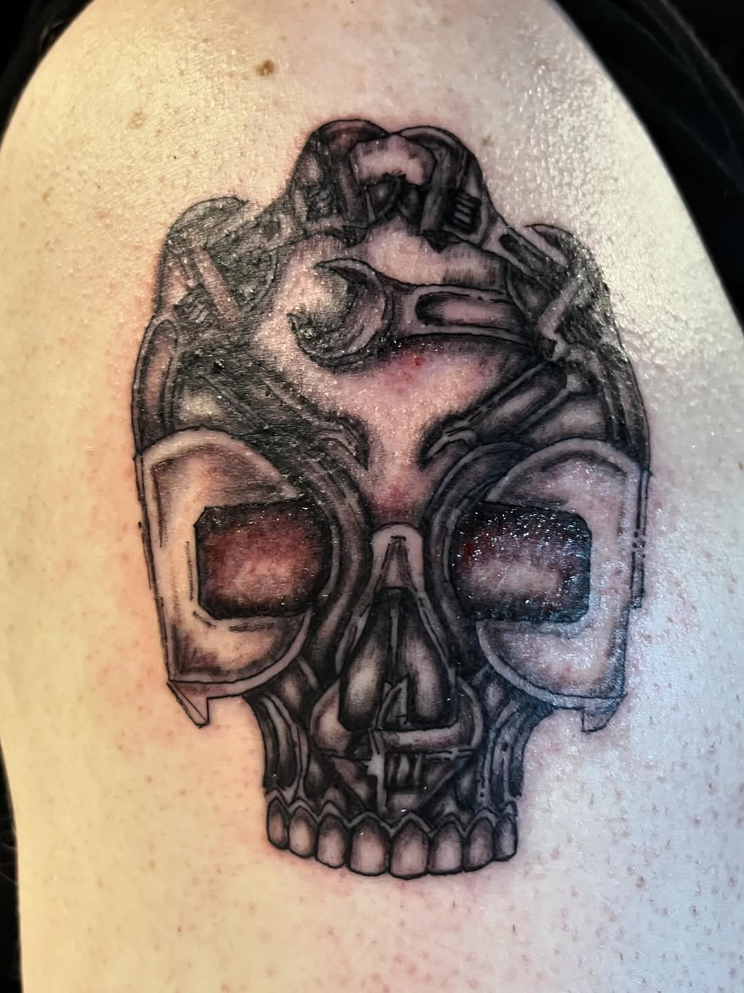 Mechanical skull realism tattoo on the shoulder by ❦julia