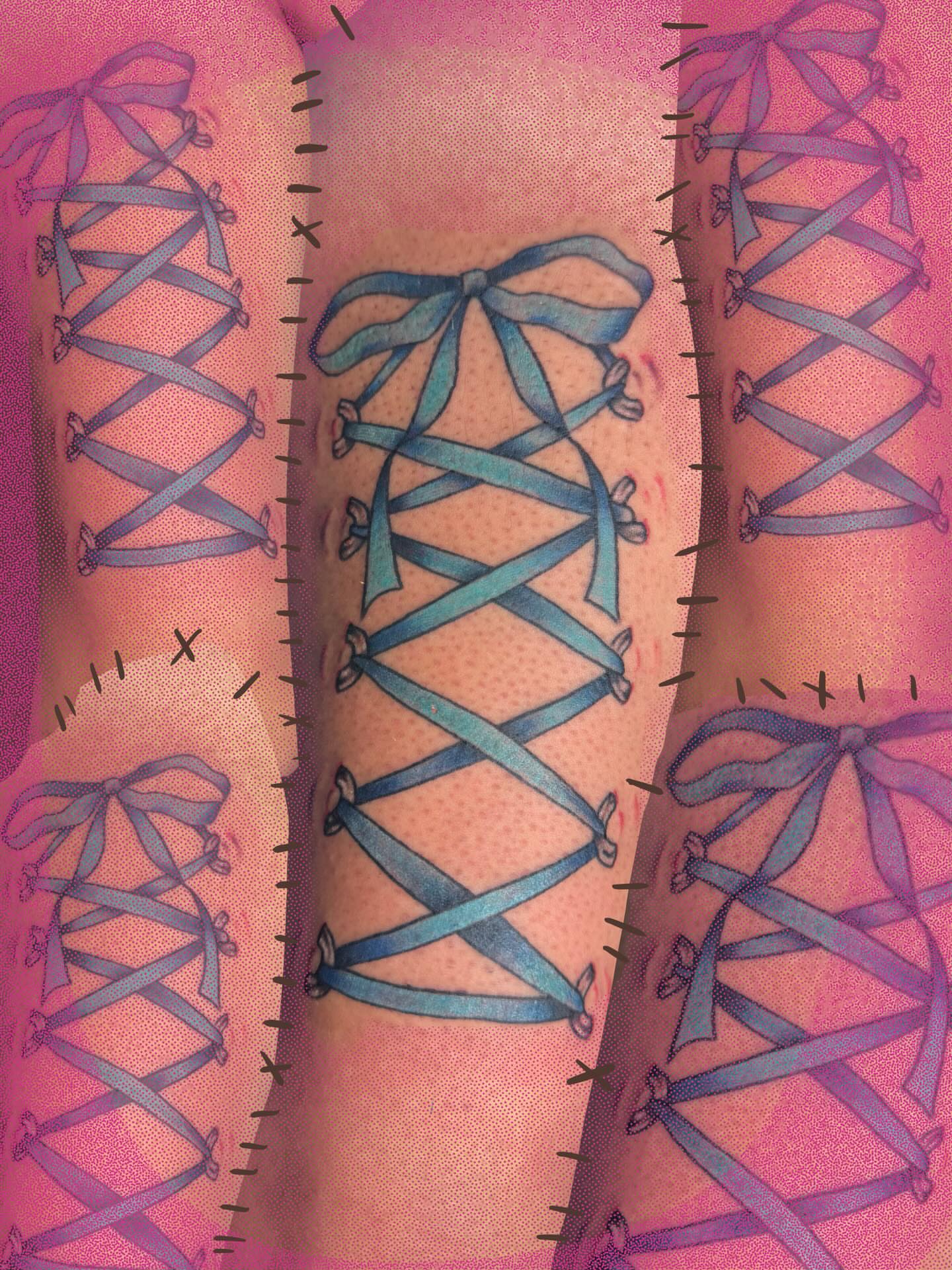 Corset lacing dotwork tattoo on the leg by Bradleigh Pretti🌟