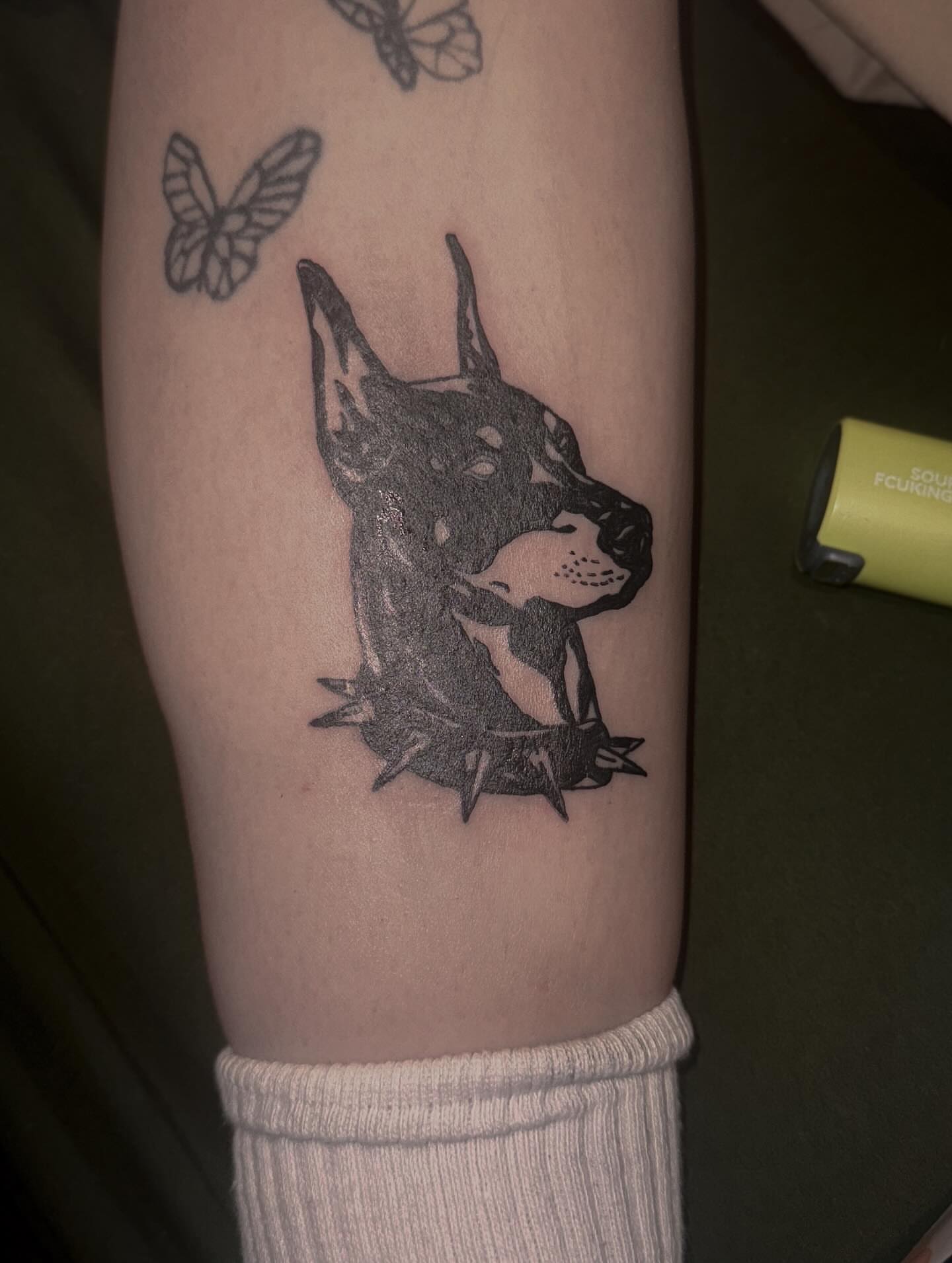 Dog head black and grey tattoo on the forearm by ☆ ciara ☆