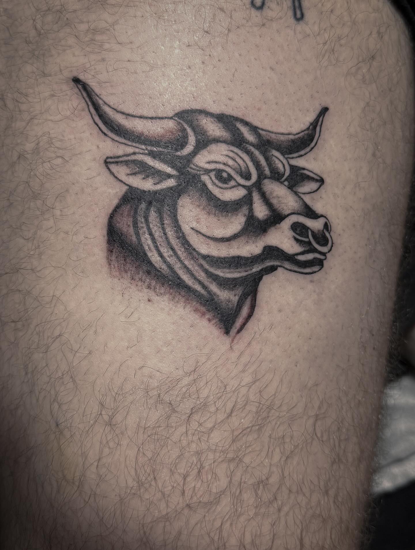 Bull head black and grey tattoo on the thigh by ☆ ciara ☆