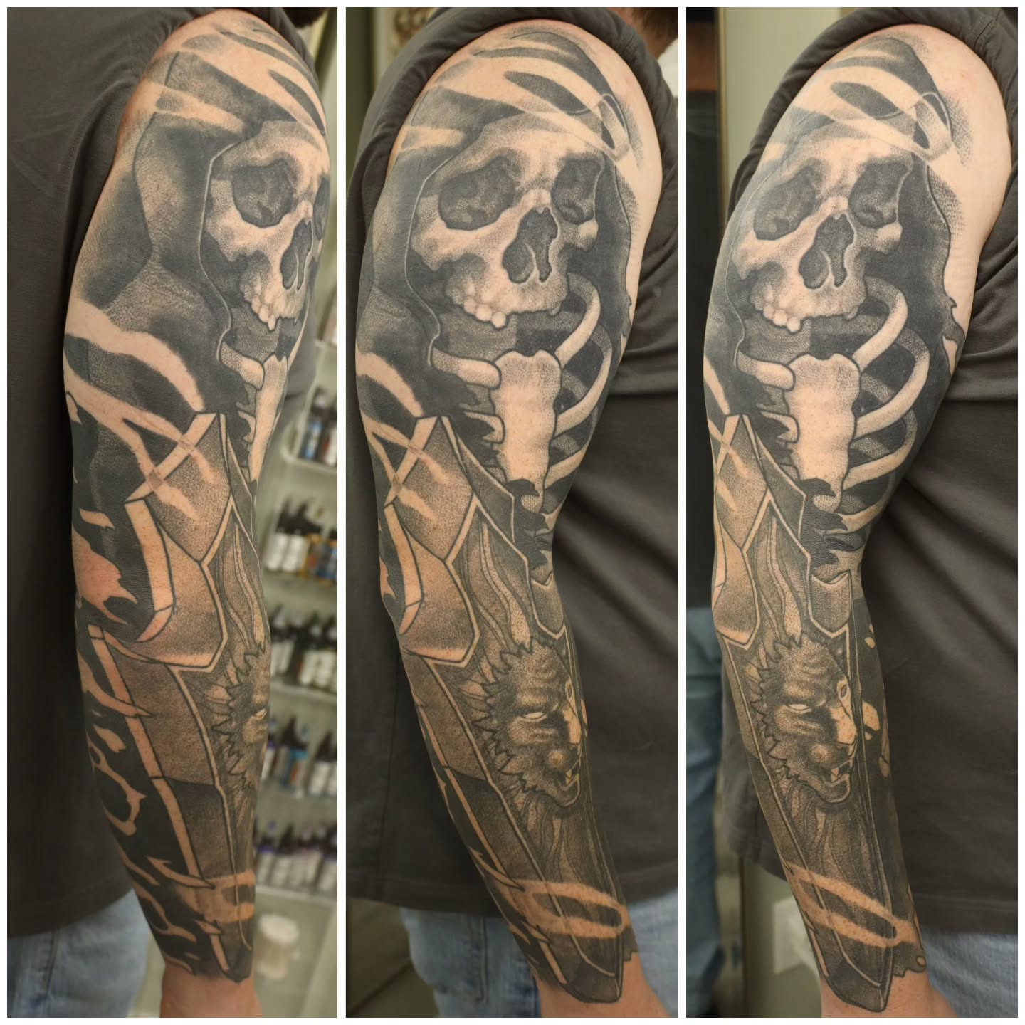 Skull and crossbones geometric tattoo on the forearm by Whitney Tiedeman