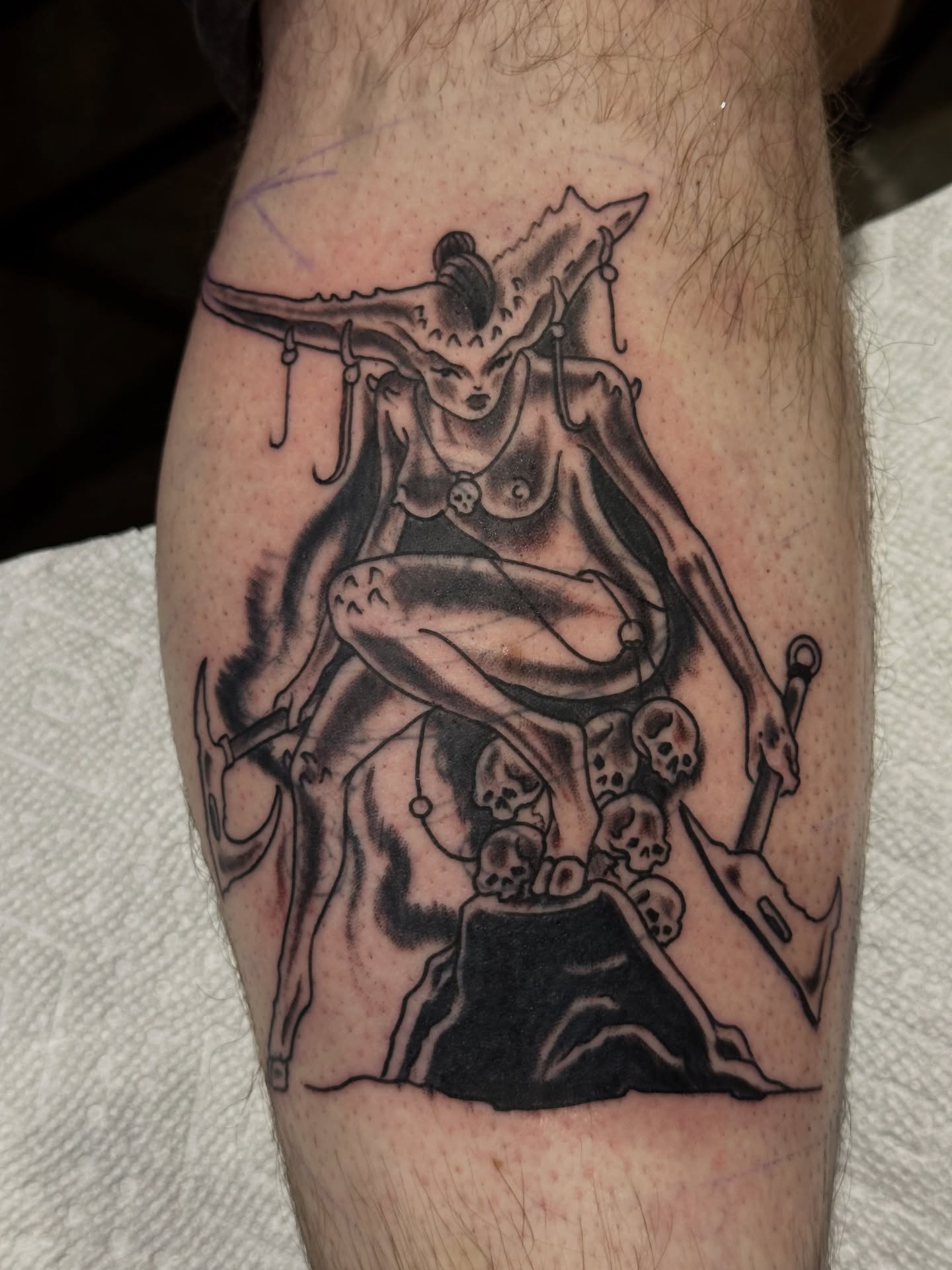 Demoness dark realism tattoo on the thigh by 🕸🎚 𝑺𝑨𝑵𝑻𝑰 𝑺𝑬𝑽𝑬𝑵𝑺 🎚🕸🇫🇯