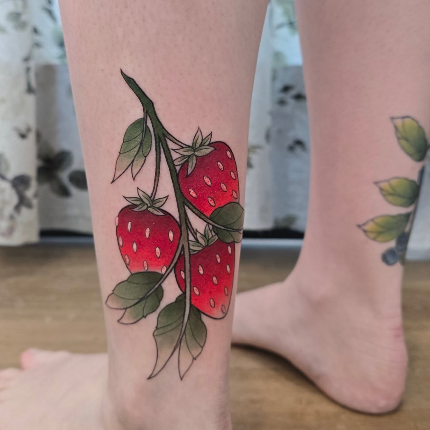 Strawberries realism tattoo on the calf by 🖤🥀🐉Taylor Nichole👻🌙✨️