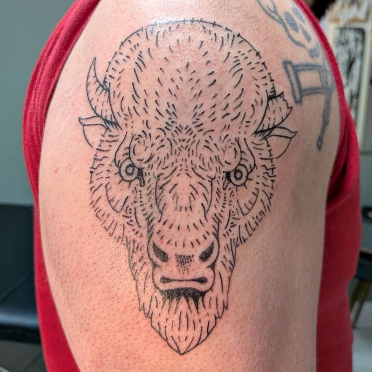 Buffalo dotwork tattoo on the shoulder by Isaac Mccavitt