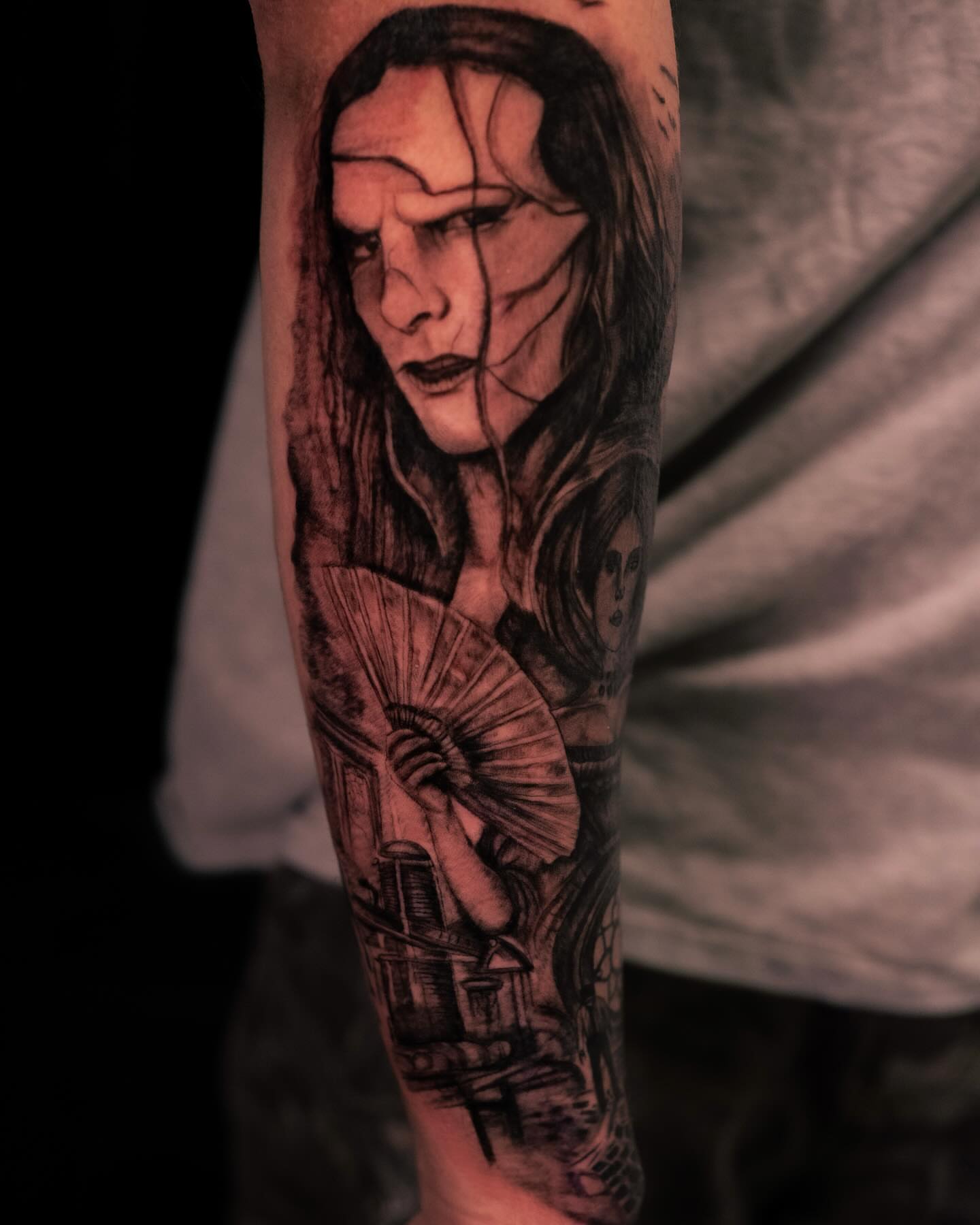 Woman with fan realism tattoo on the forearm by Rachel