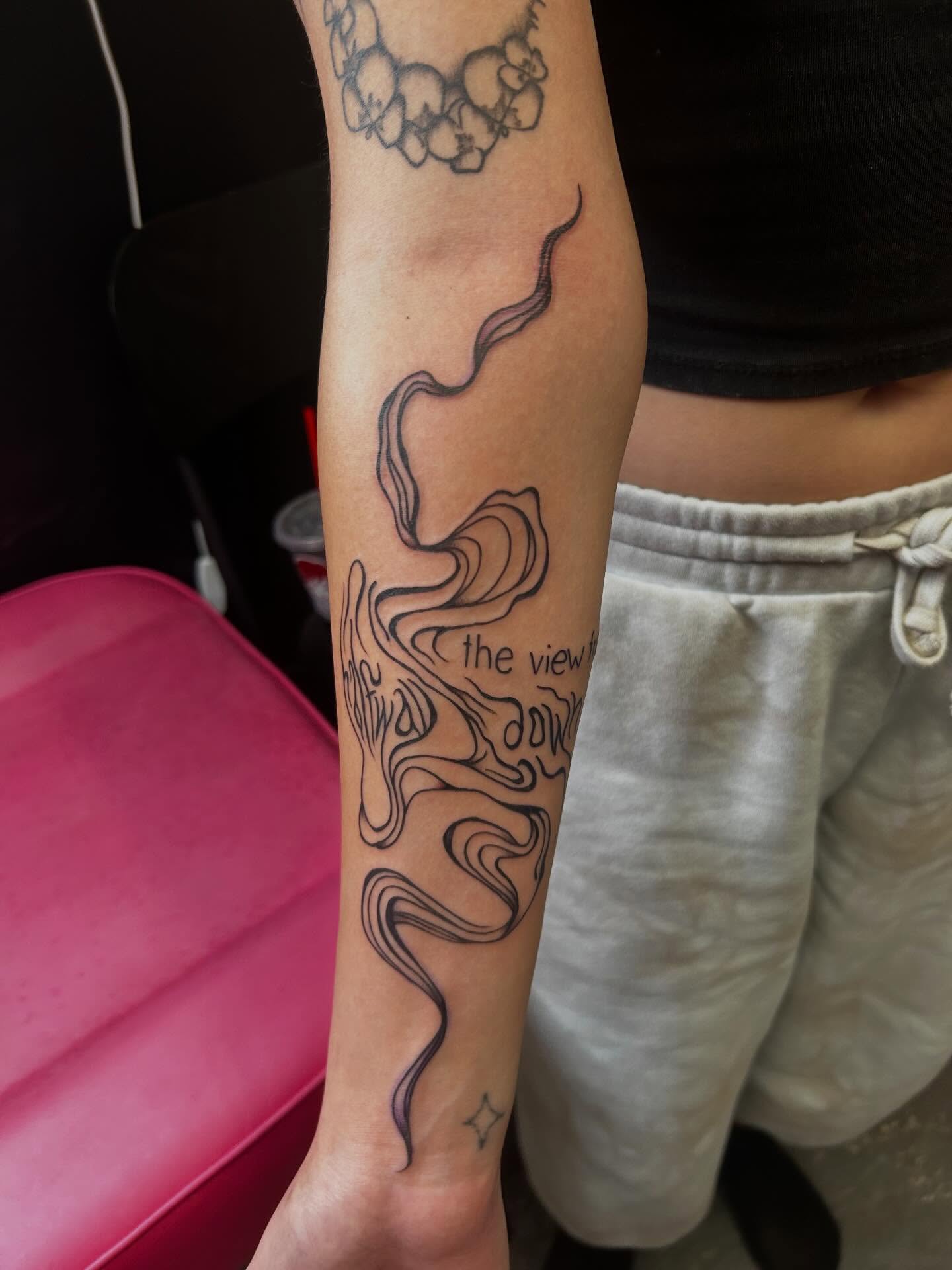 Swirling lines black and grey tattoo on the forearm by Big Mar, Rocky Hill, Connecticut