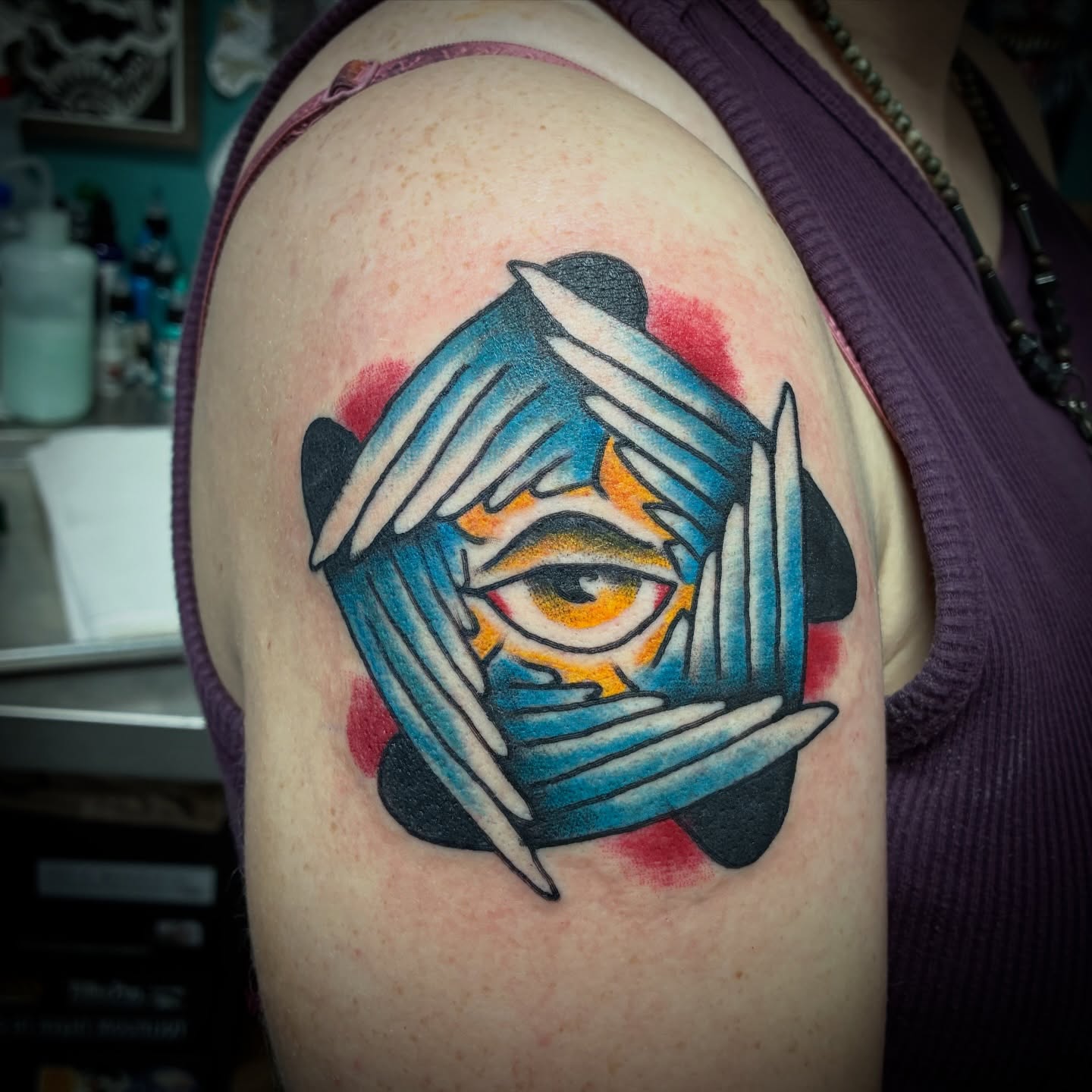 Eye with blindfold American traditional tattoo on the shoulder by Kennedy Cole