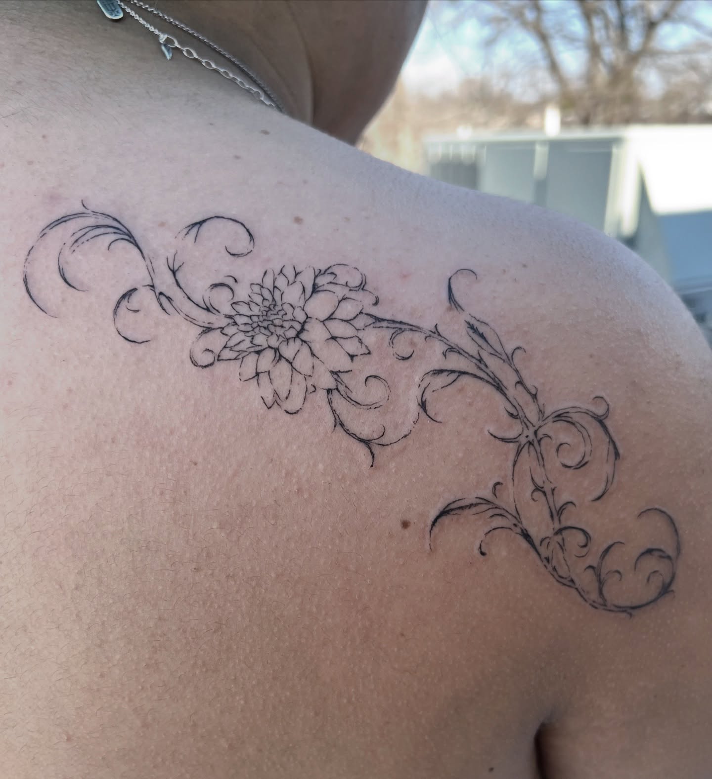 Floral vine black and grey tattoo on the shoulder by syiko ☆ 。・:*˚:✧。, Austin, Texas