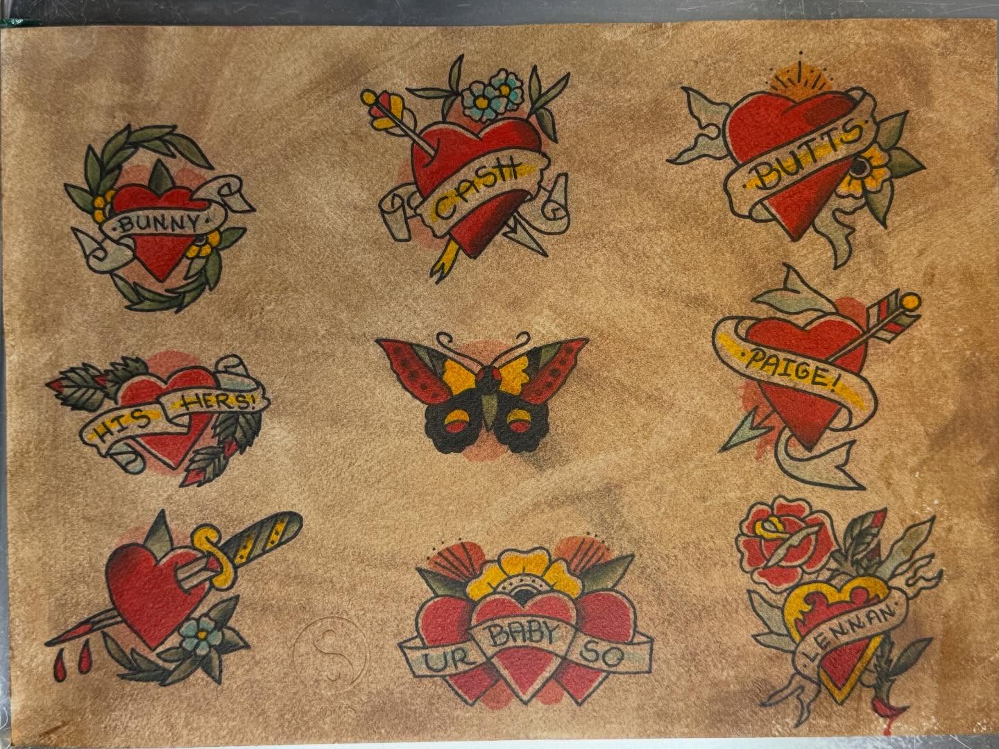 Hearts and names American traditional tattoo by @brocks_tatt_attic_, New Orleans, Louisiana