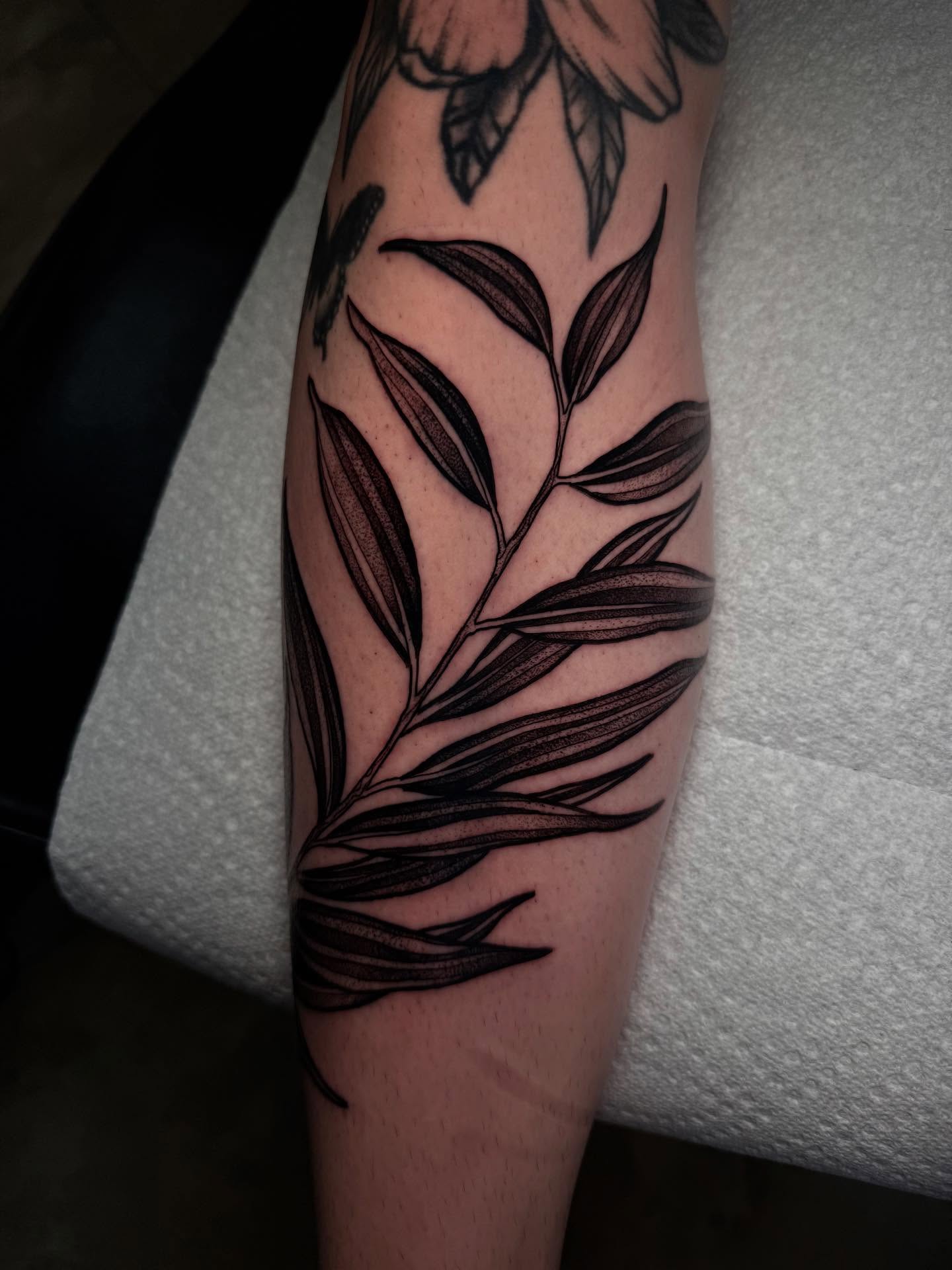 Leafy branch dotwork tattoo on the forearm by H A N N A H, Colorado Springs, Colorado