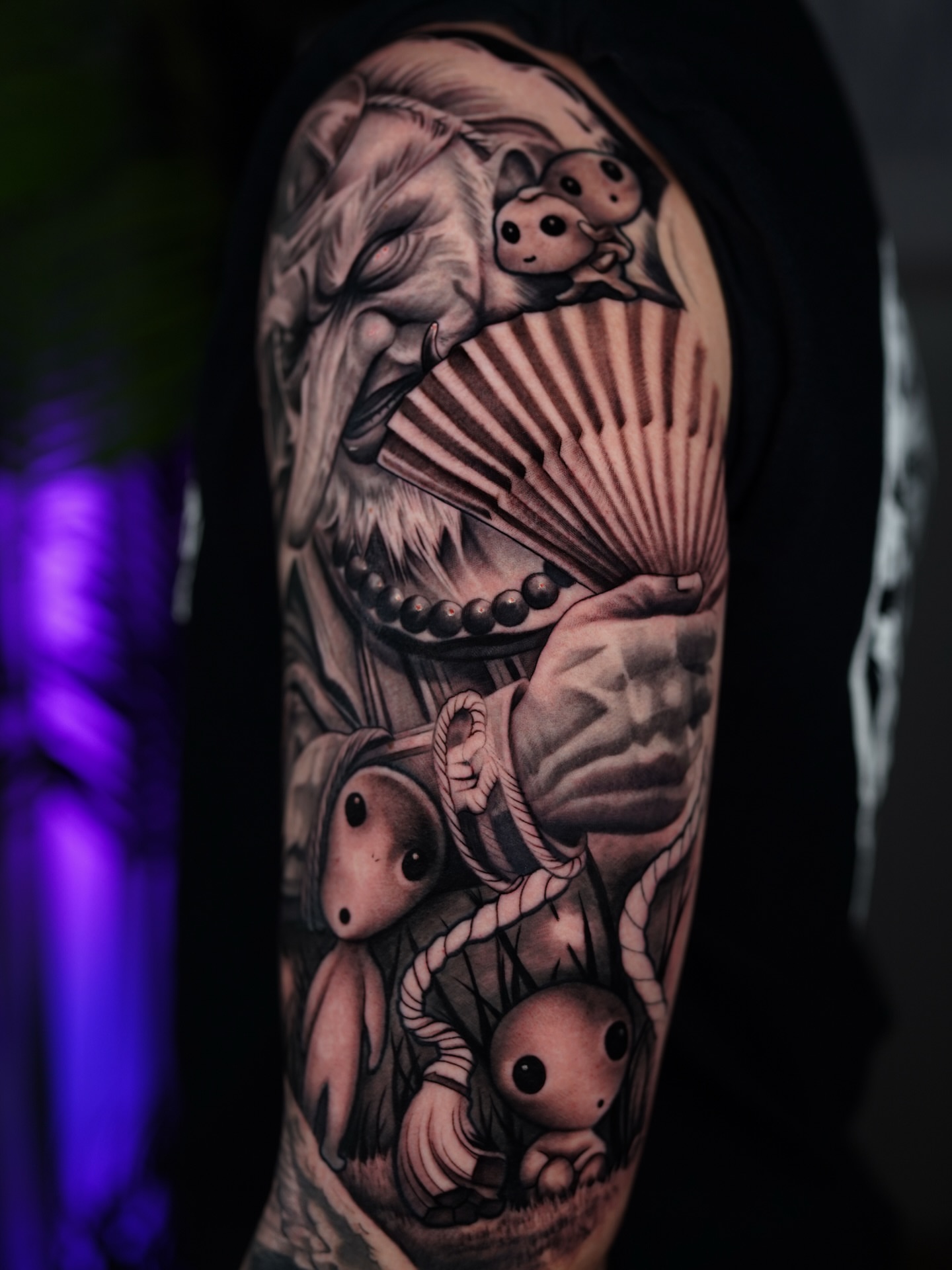 Japanese yokai dotwork tattoo on the forearm by Flamure Islami