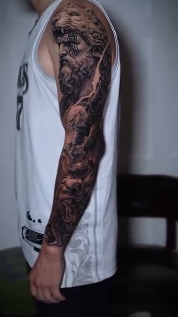 Greek god with lion and eagle realism tattoo by Drex - Dallas Tattoo Artist