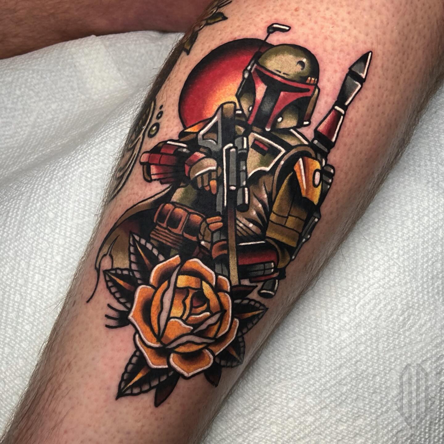 Boba fett and rose American traditional tattoo on the forearm by Matthew Limbers⚜️