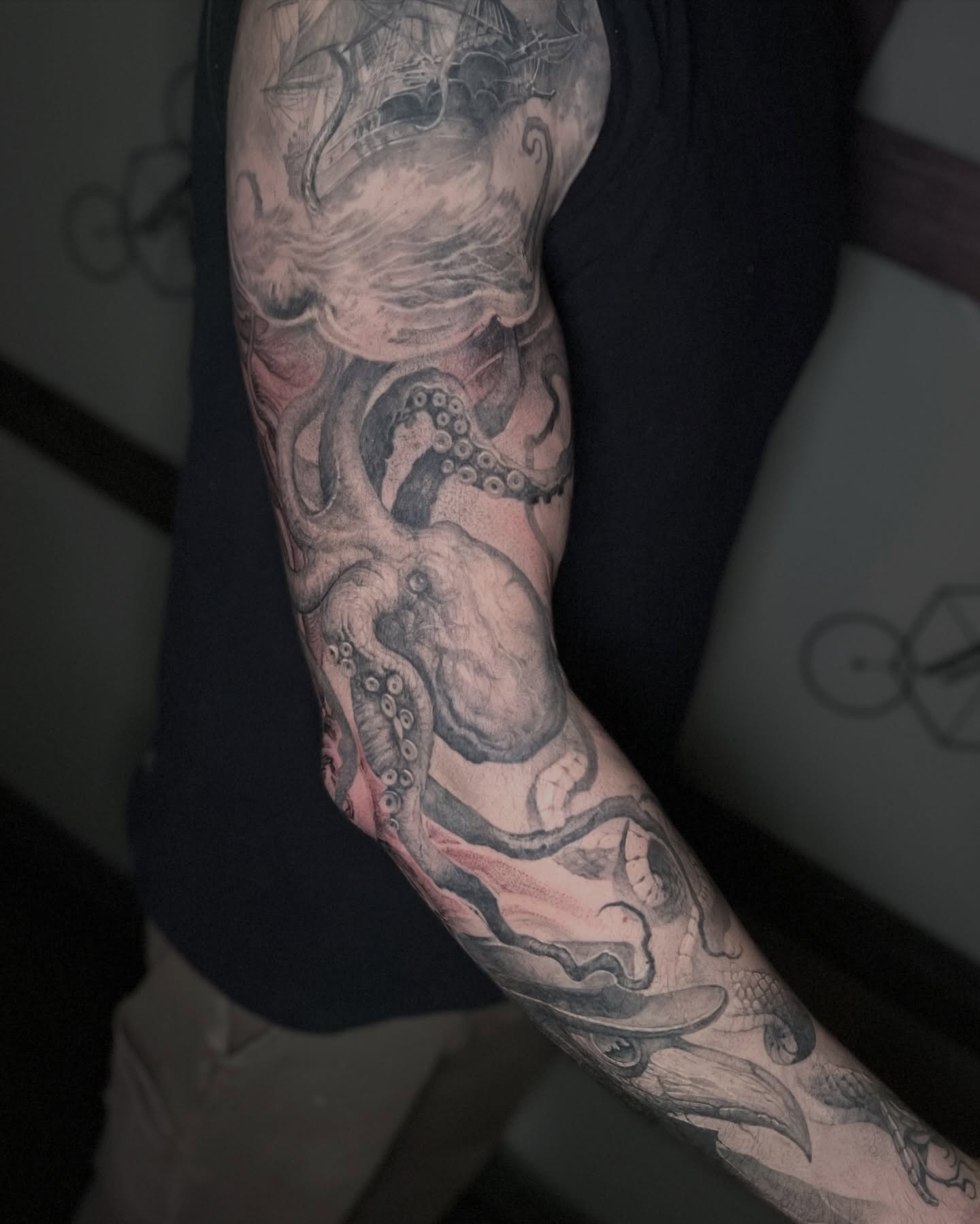 Octopus and ship realism tattoo on the forearm by Dominick Cali, East Islip, New York