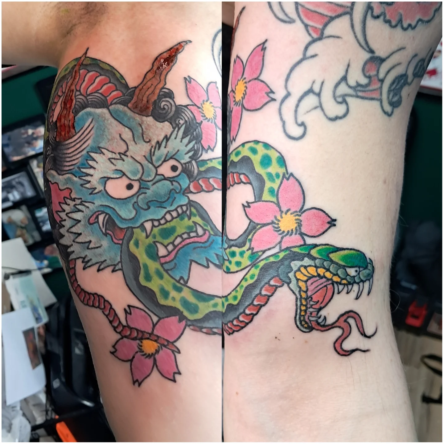 Dragon and flowers American traditional tattoo on the forearm by Reb Fularz