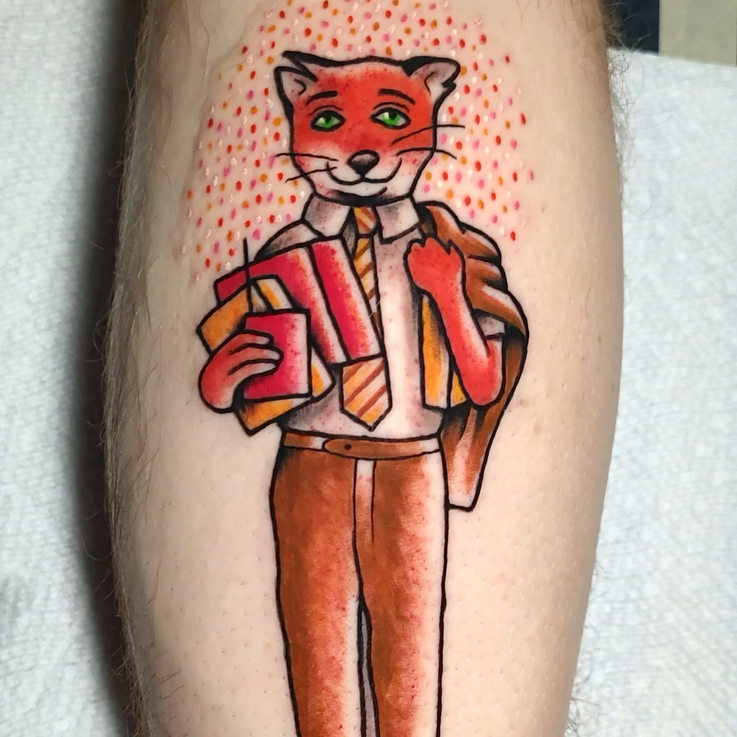 Fox in suit dotwork tattoo on the forearm by Hope Higgins