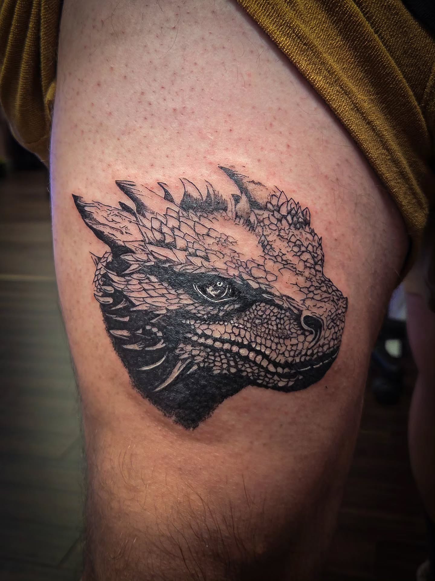 Dragon head realism tattoo on the thigh by Tattoo Artist X Kamm, Salt Lake City, Utah