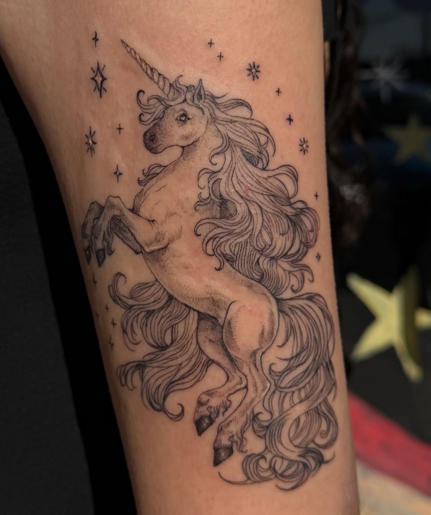 Unicorn black and grey tattoo on the forearm by ✧Lee Ortiz