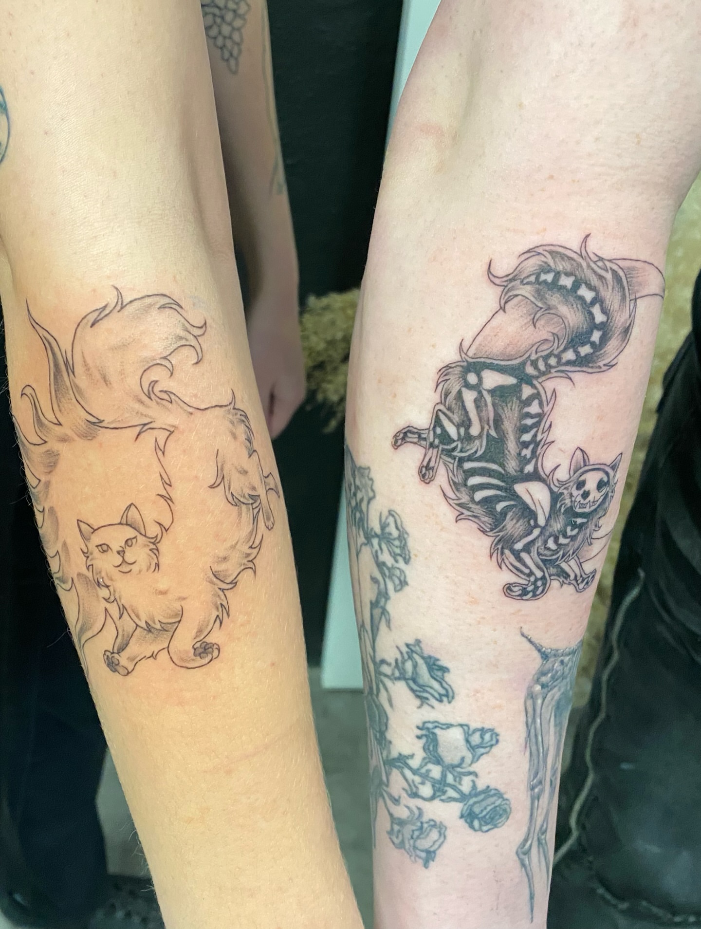 Cat and ghost realism tattoo on the forearm by Mack ๐ Utah Tattoos