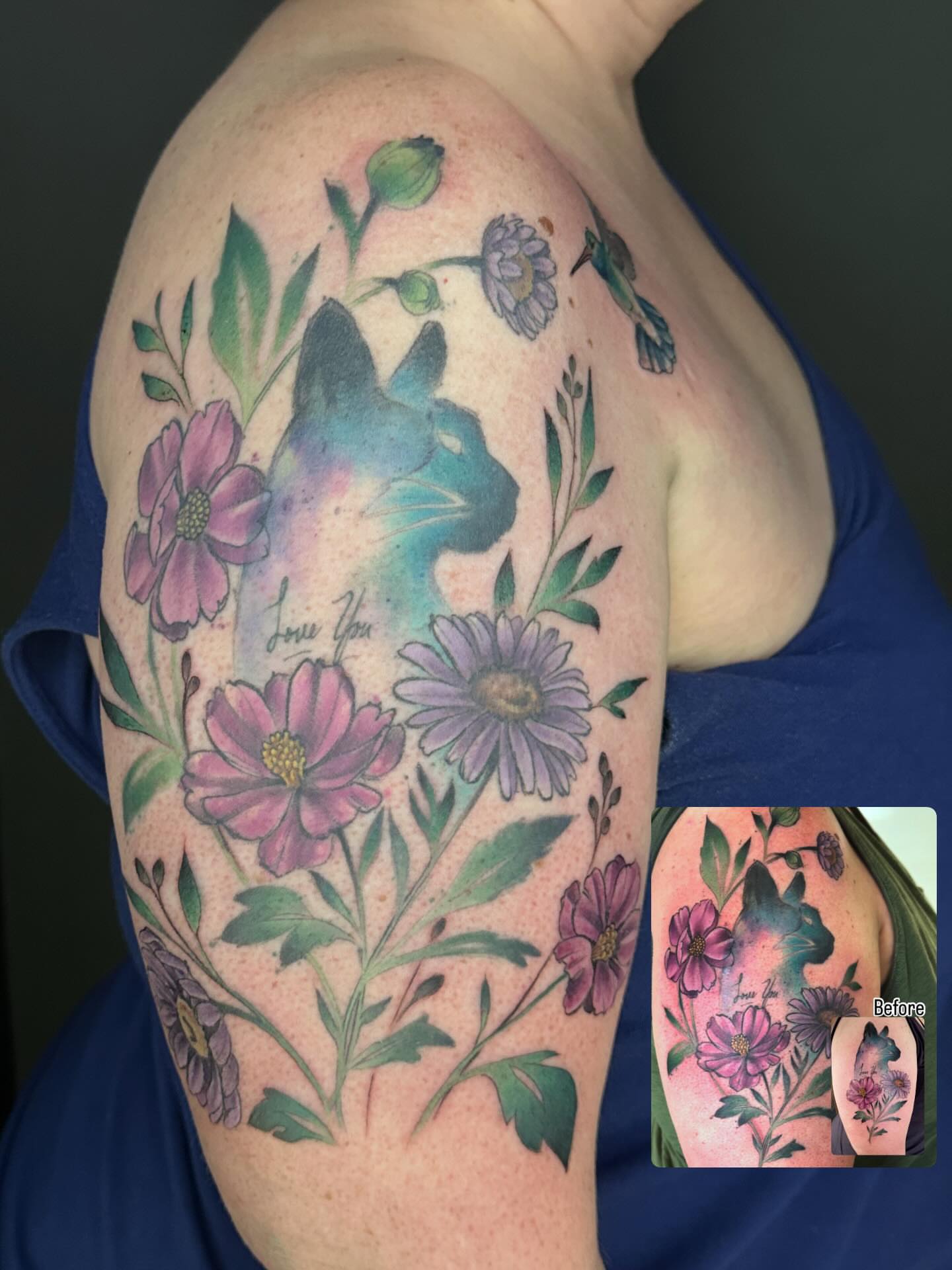 Flower bouquet watercolor tattoo on the shoulder by Katie Hutchins, Dayton, Ohio