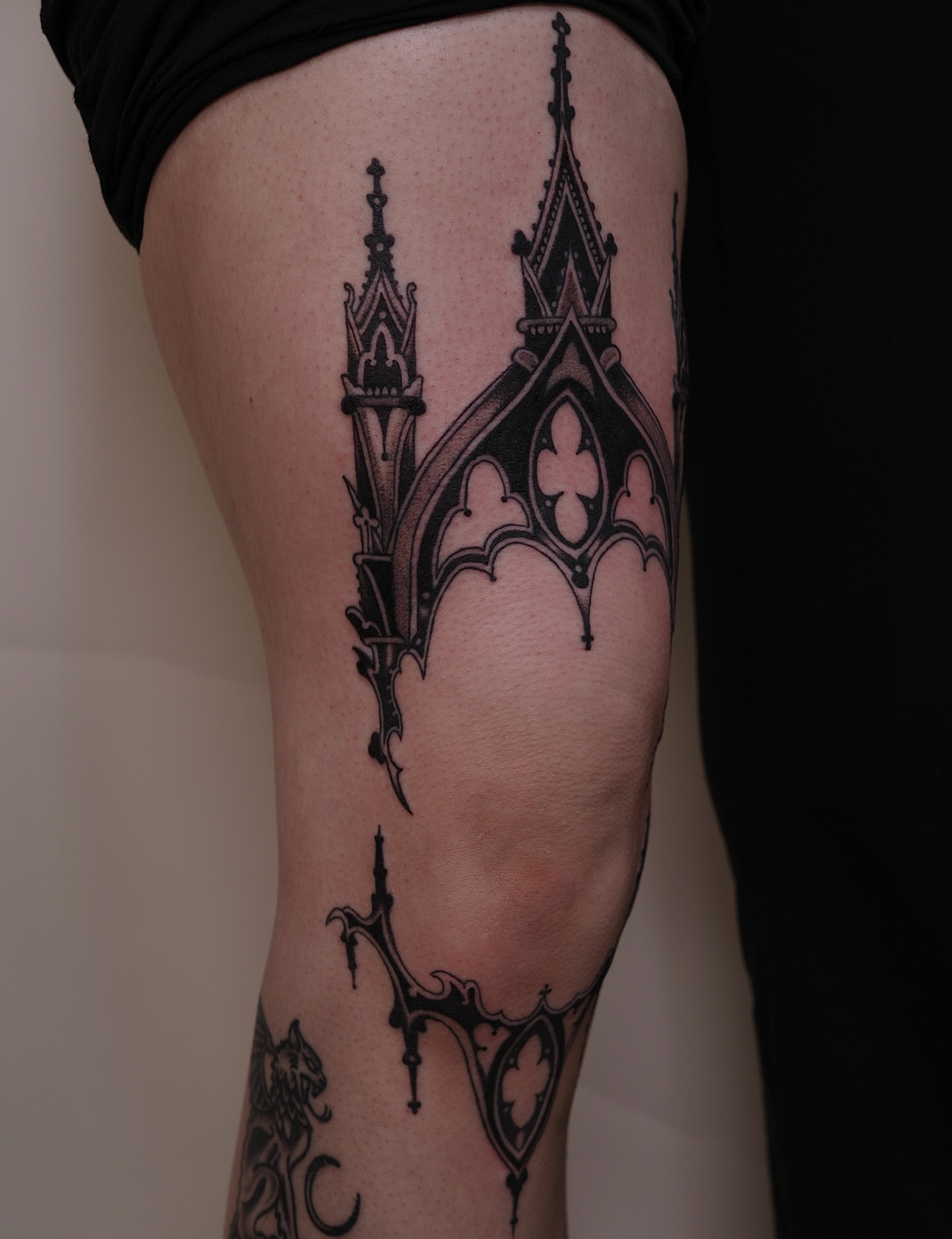Gothic cathedral black and grey tattoo on the thigh by Sequoia Rose, Portland, Oregon