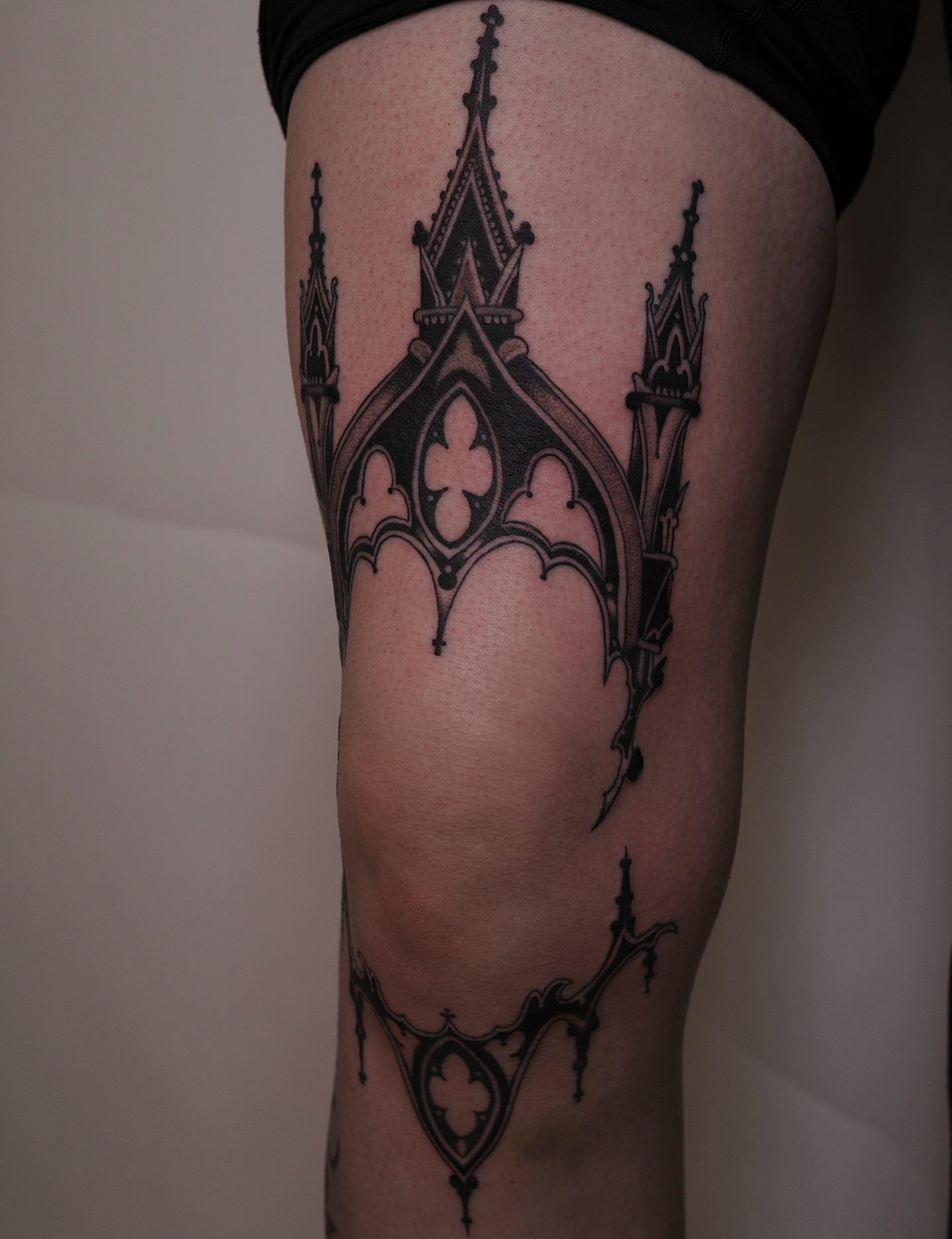 Gothic cathedral black and grey tattoo on the thigh by Sequoia Rose, Portland, Oregon