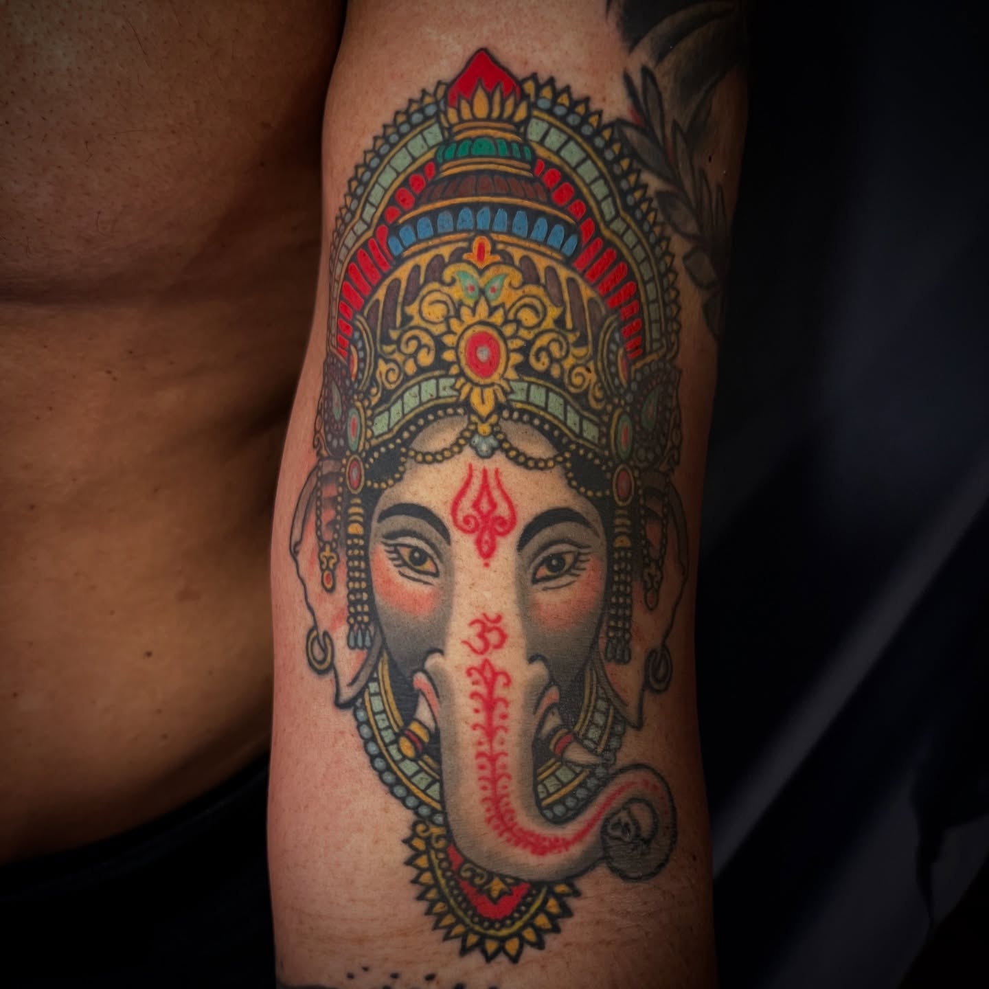 Ganesha American traditional tattoo on the forearm by Michael Munter, Philadelphia, Pennsylvania