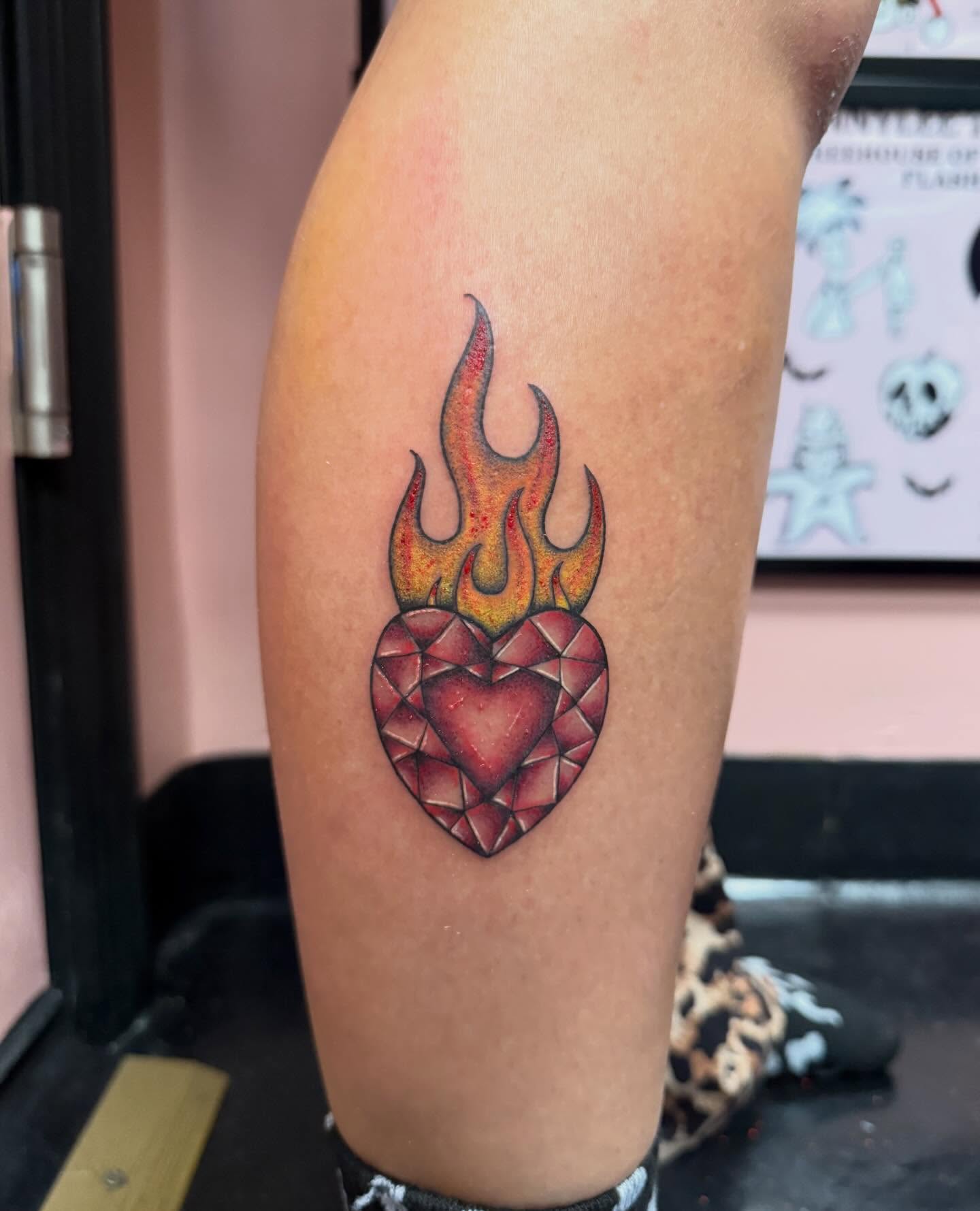 Flaming heart geometric tattoo on the forearm by Jennylee Aerts, Asbury Park, New Jersey