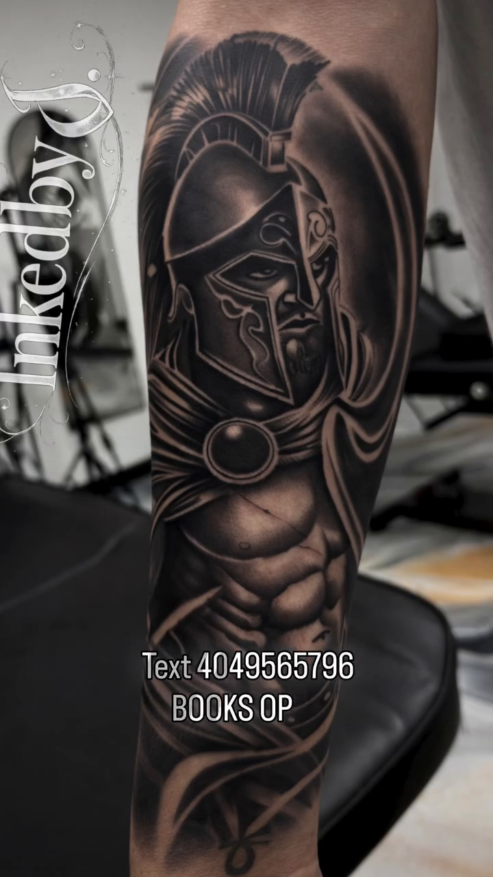 Spartan warrior helmet realism tattoo by Jaylen - Atlanta Tattoo Artist