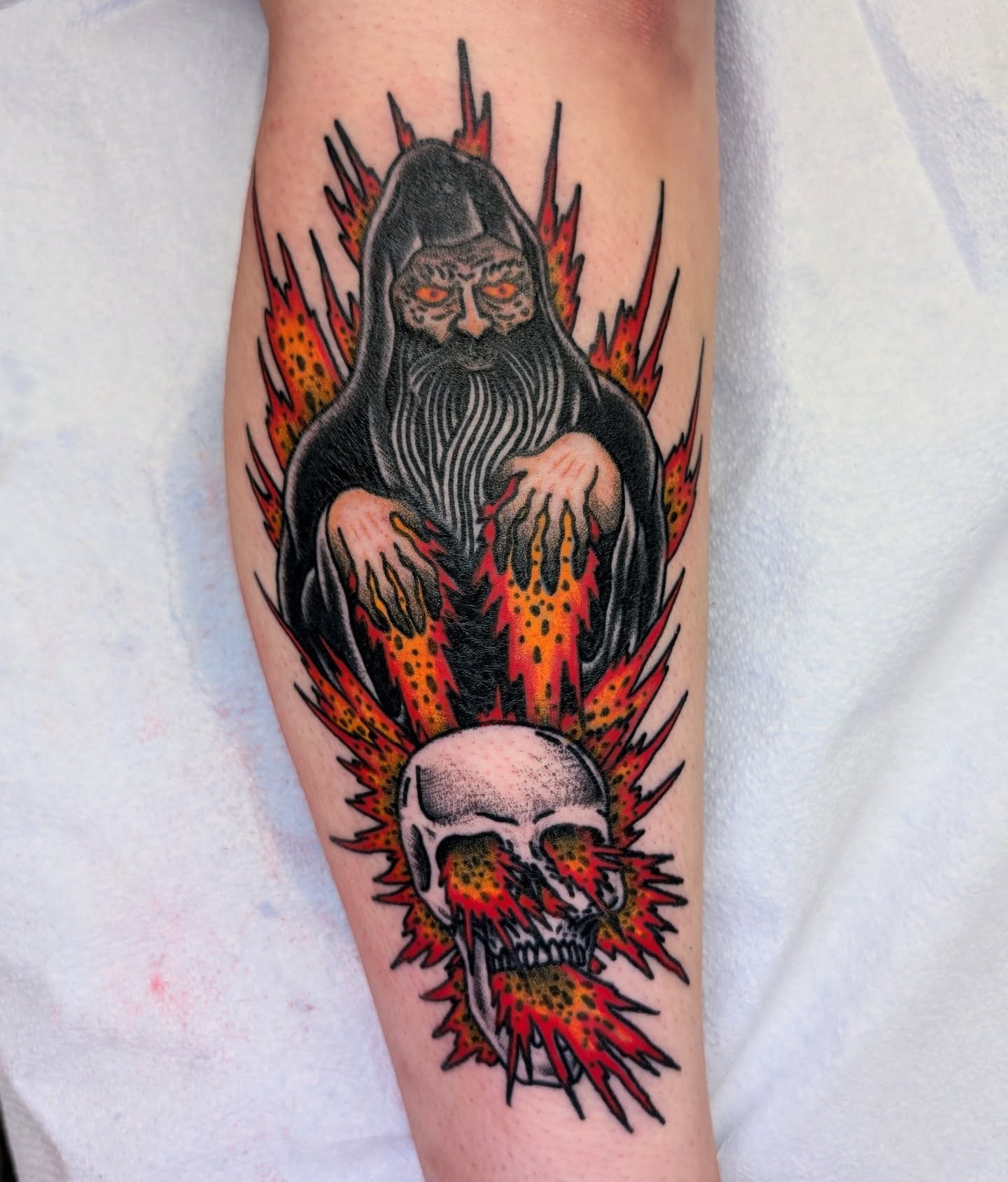 Grim reaper and skull American traditional tattoo on the forearm by Erik O'Steen, Medford, Massachusetts