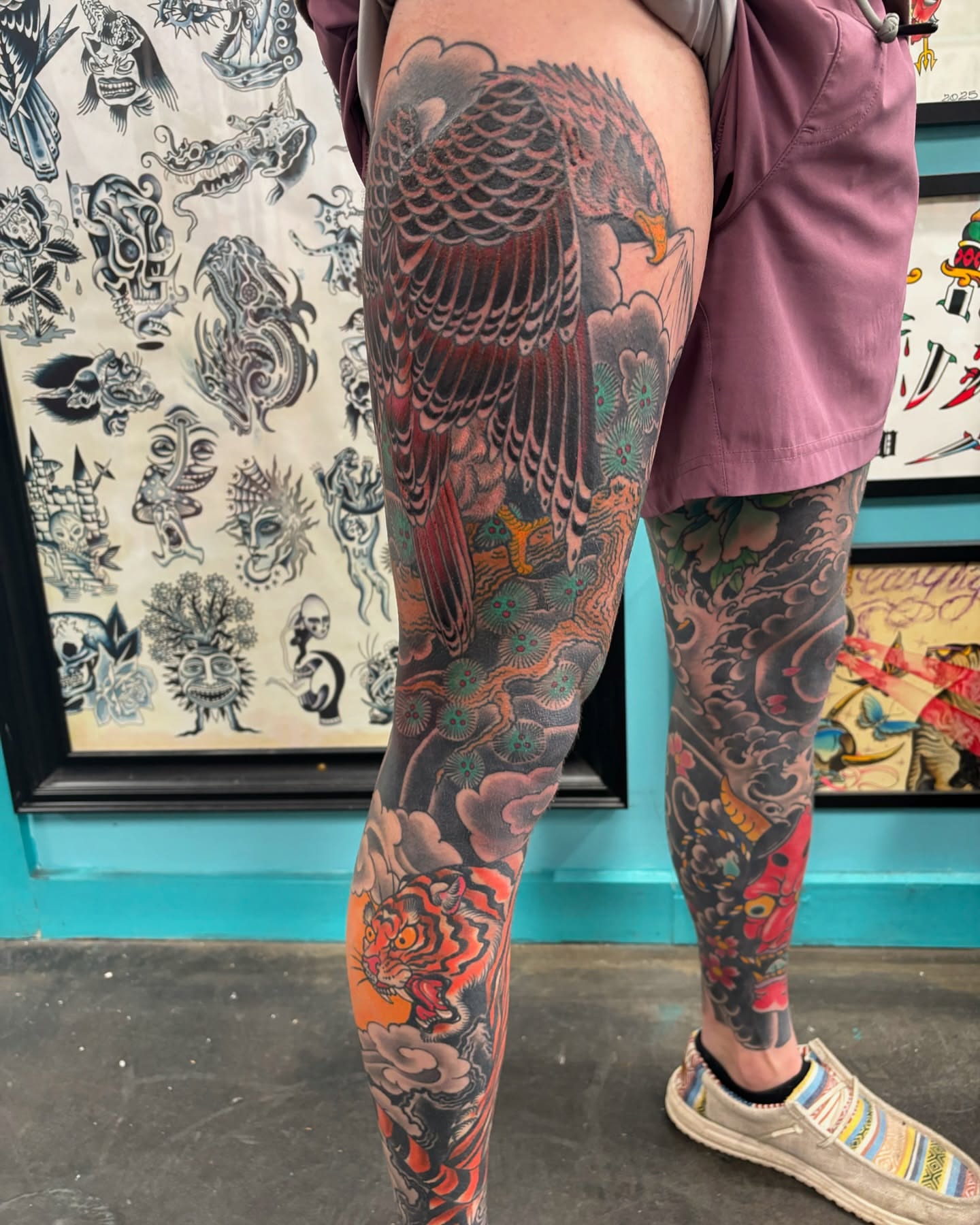 Hawk and tiger japanese irezumi tattoo on the thigh by Cody Wallenius, Merrillville, Indiana