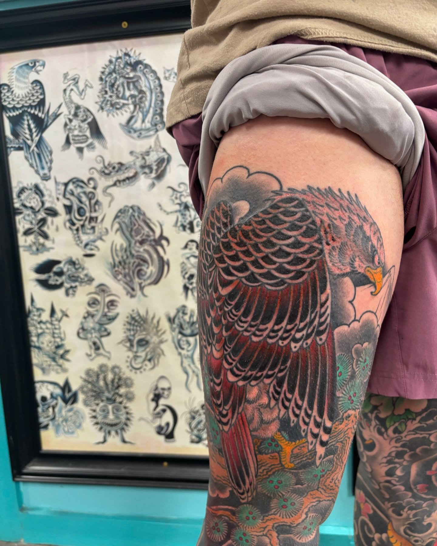Eagle American traditional tattoo on the thigh by Cody Wallenius, Merrillville, Indiana