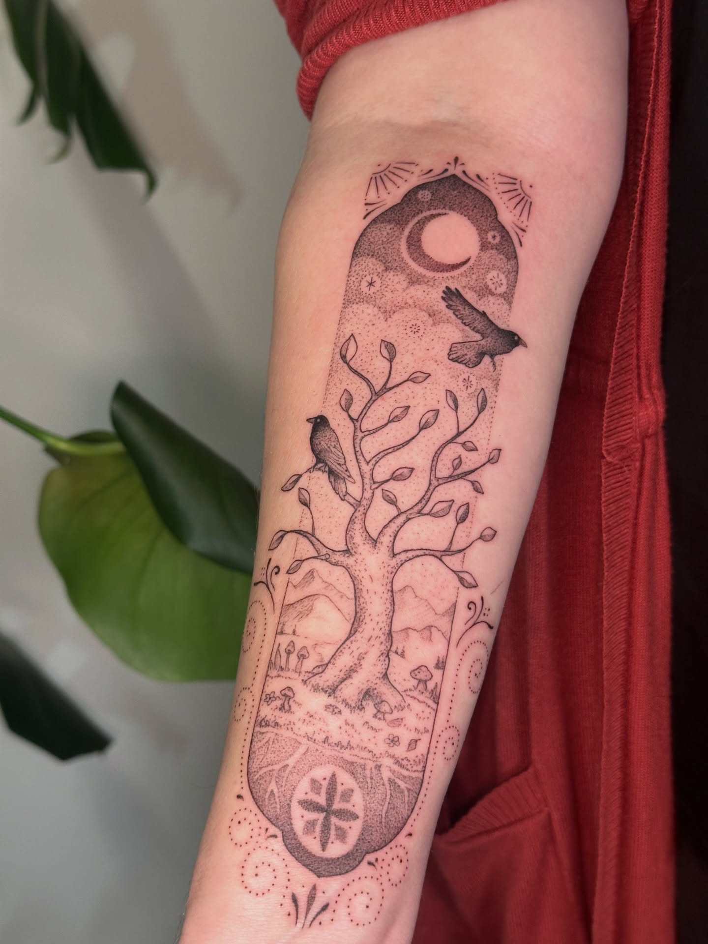 Tree of life dotwork tattoo on the forearm by Santiago Don, Portland, Oregon