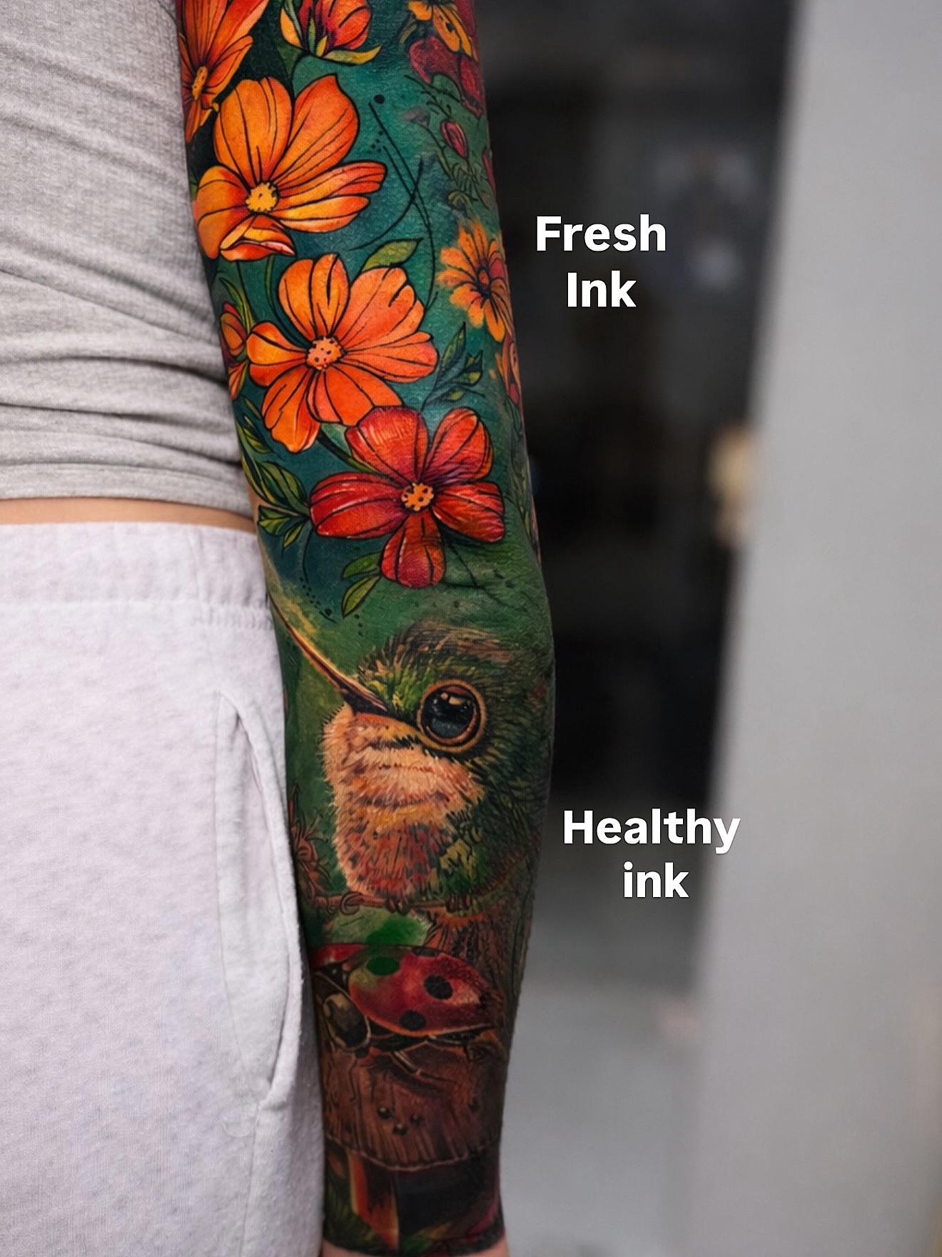 Hummingbird and flowers realism tattoo on the forearm by Eyinay Cabezas 🇨🇺🇺🇸