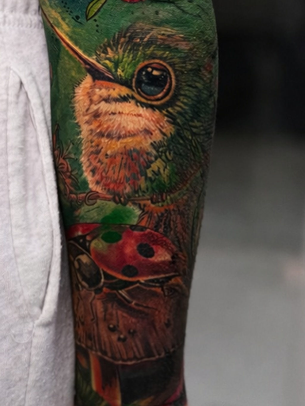 Hummingbird and ladybug realism tattoo on the forearm by Eyinay Cabezas 🇨🇺🇺🇸