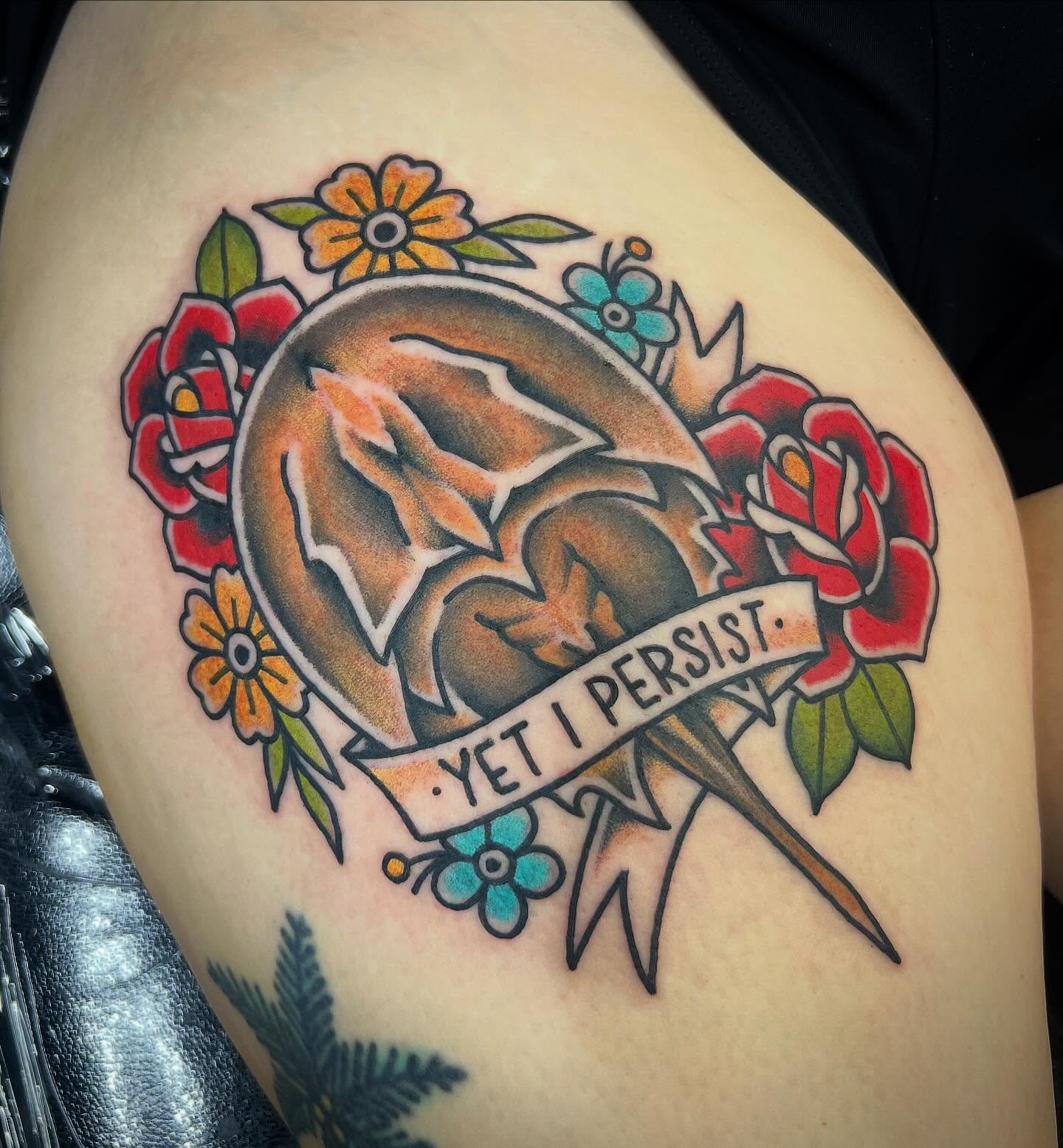Fox and roses American traditional tattoo on the thigh by Taylor Estrella