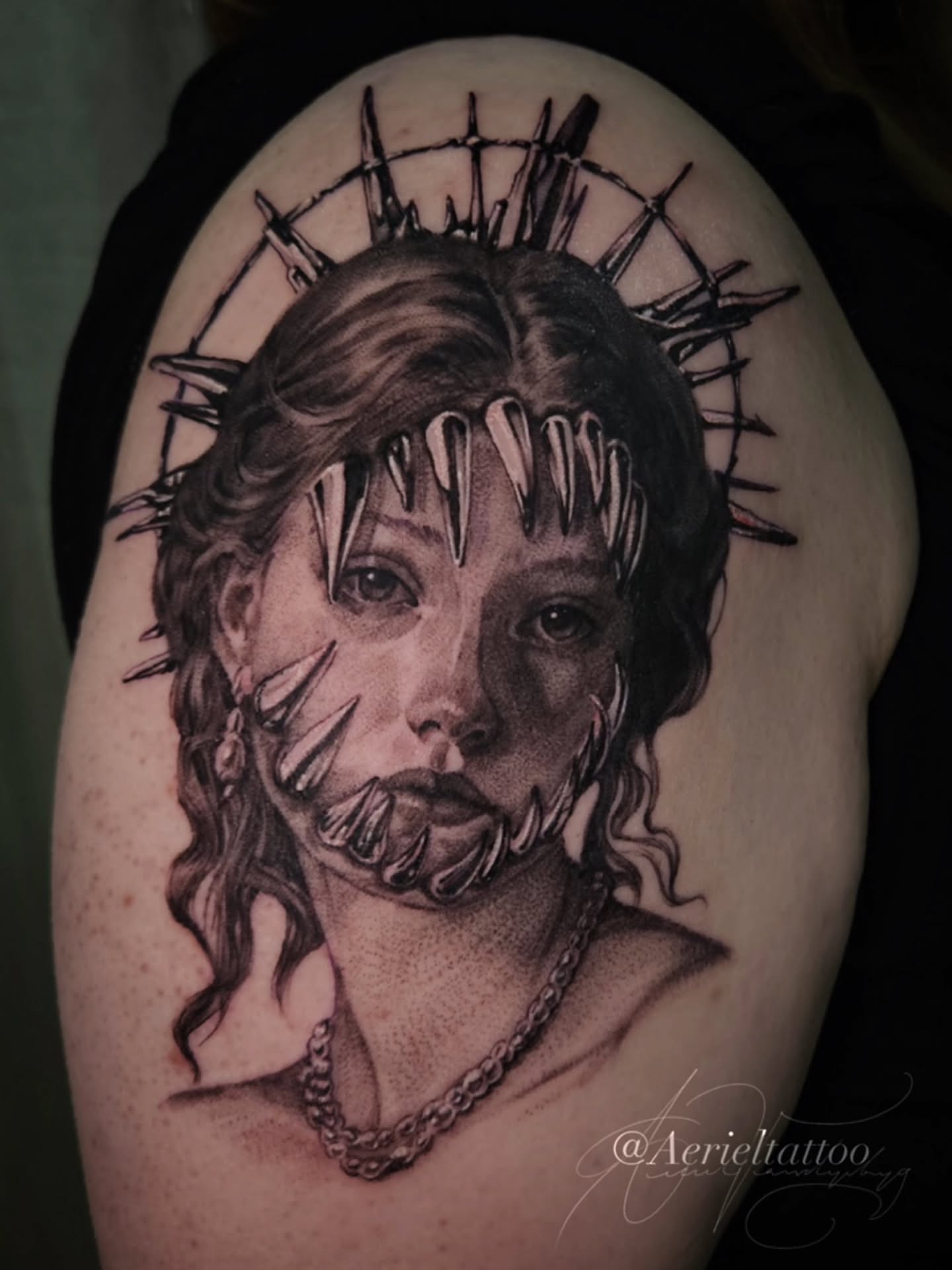 Woman with crown of thorns realism tattoo on the shoulder by Dallas Tattoo artist