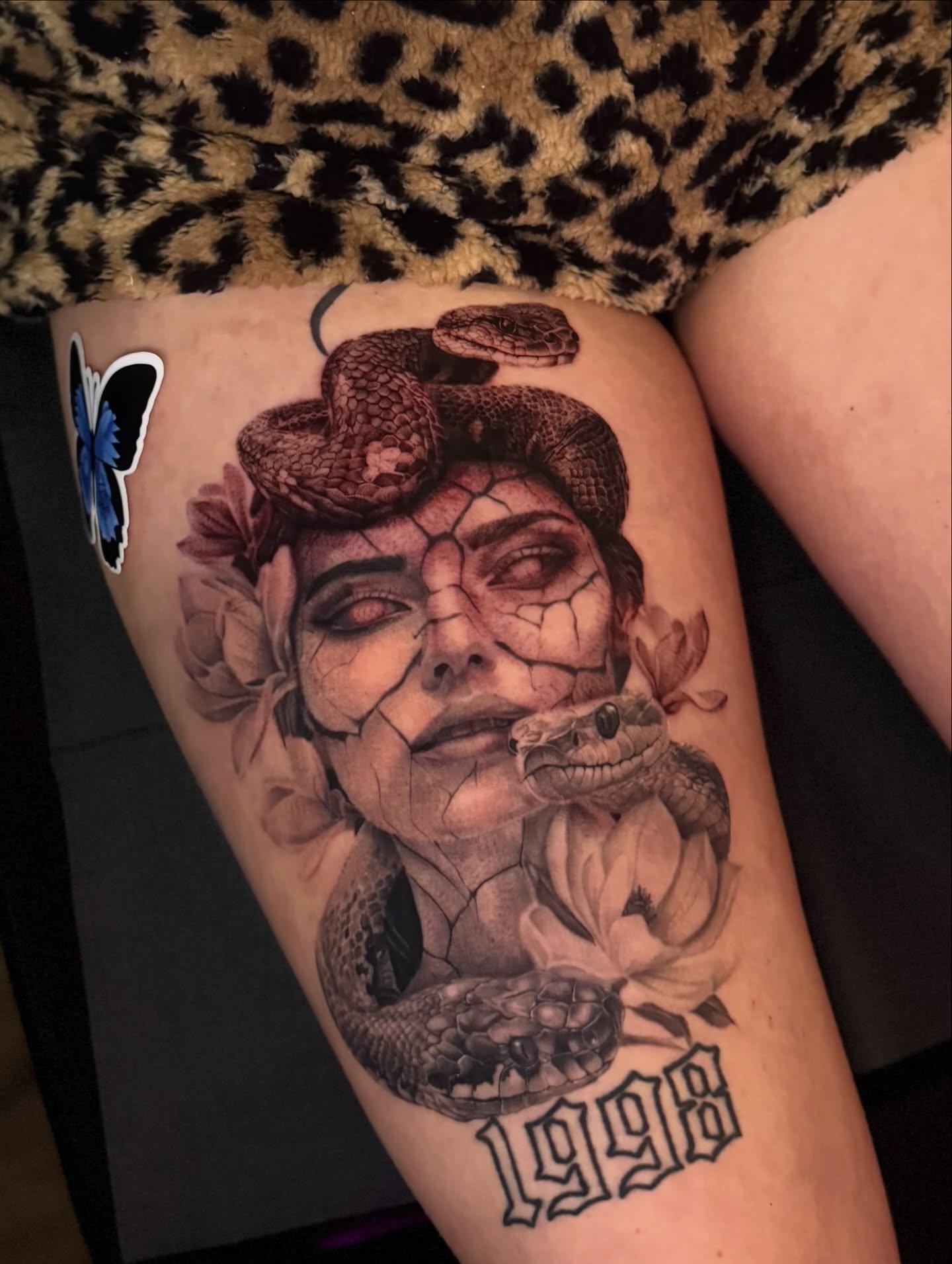 Woman with snakes realism tattoo on the thigh by Hannah Marie ๐ฆ, Benbrook, Texas