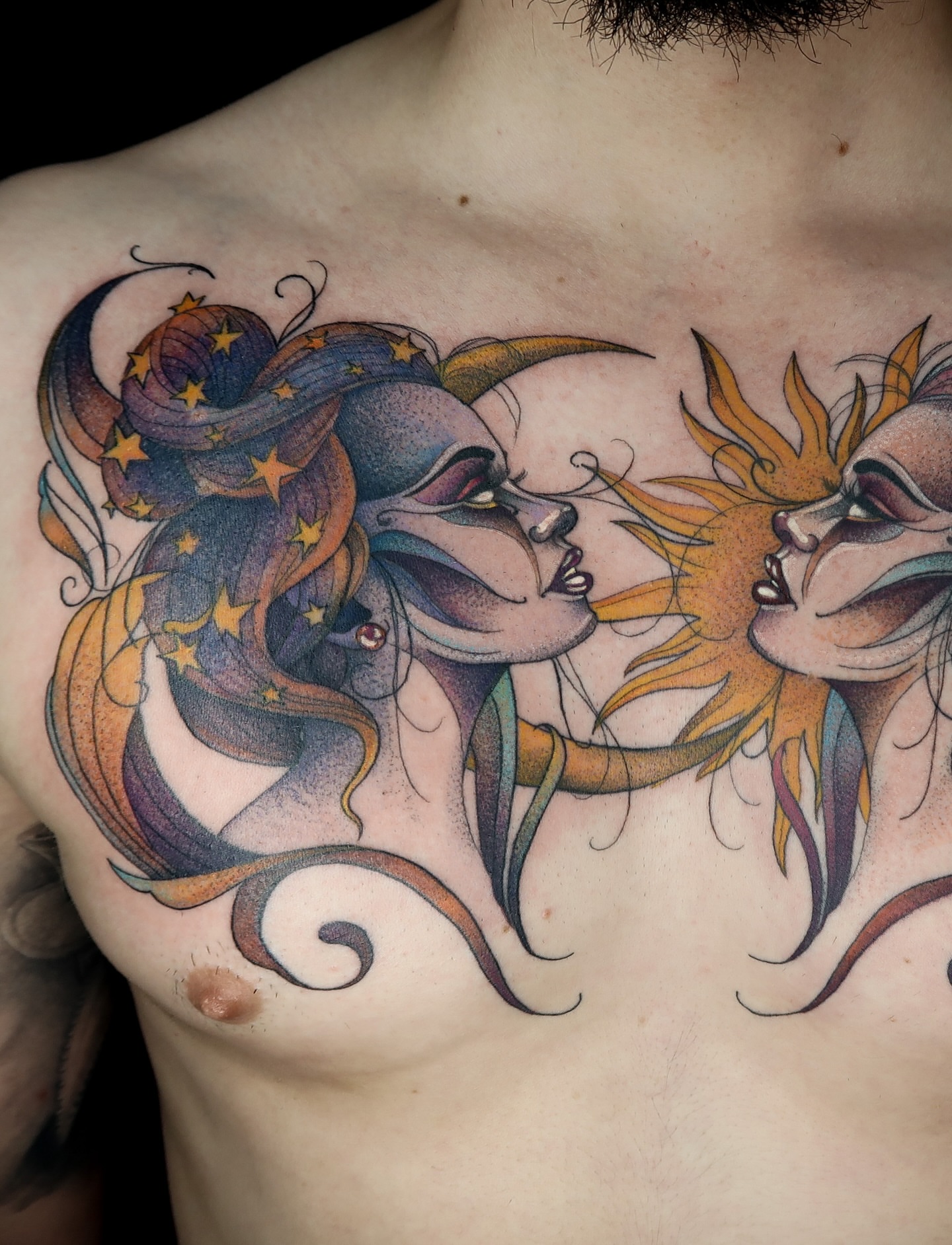 Sun and moon dotwork tattoo on the chest by ✨ Pata Pardee ✨ illustration tattoo