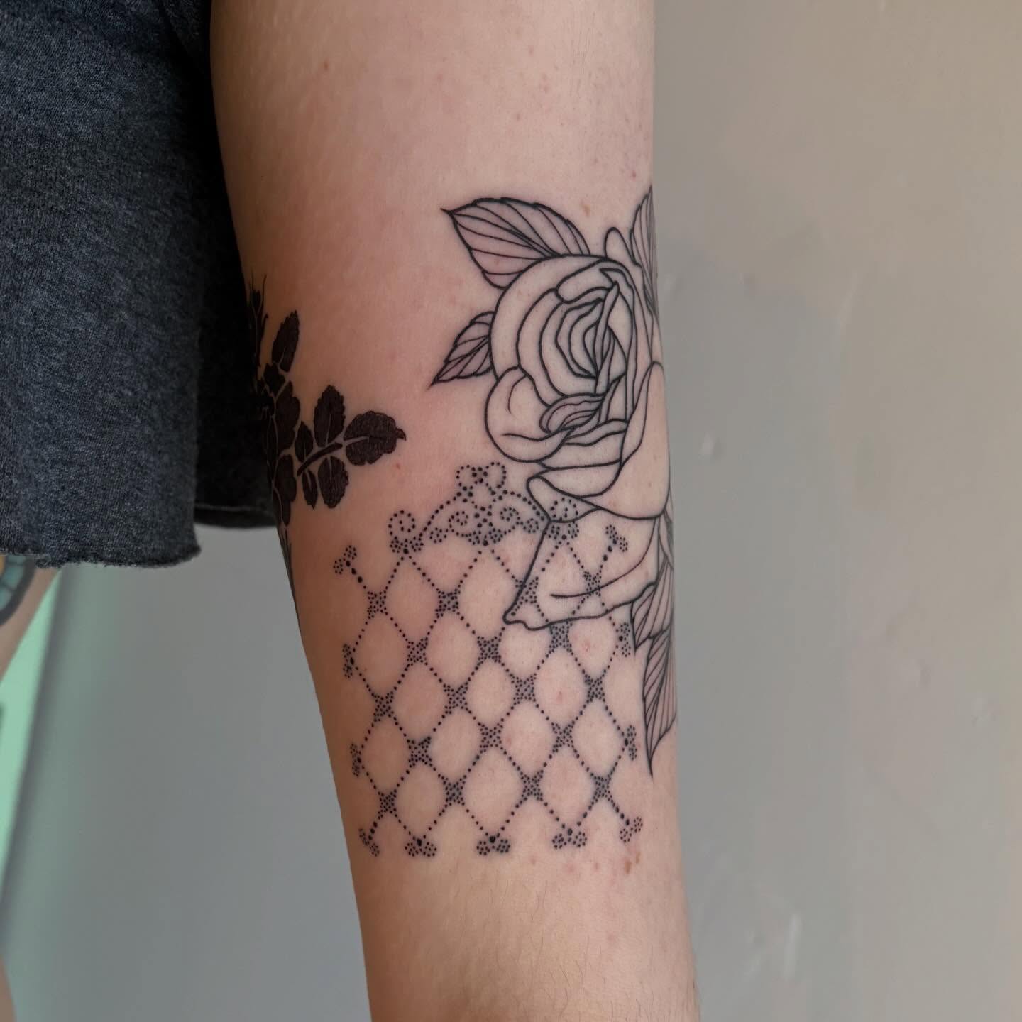 Rose and lace dotwork tattoo on the forearm by ♥ Allie Moon ♥
