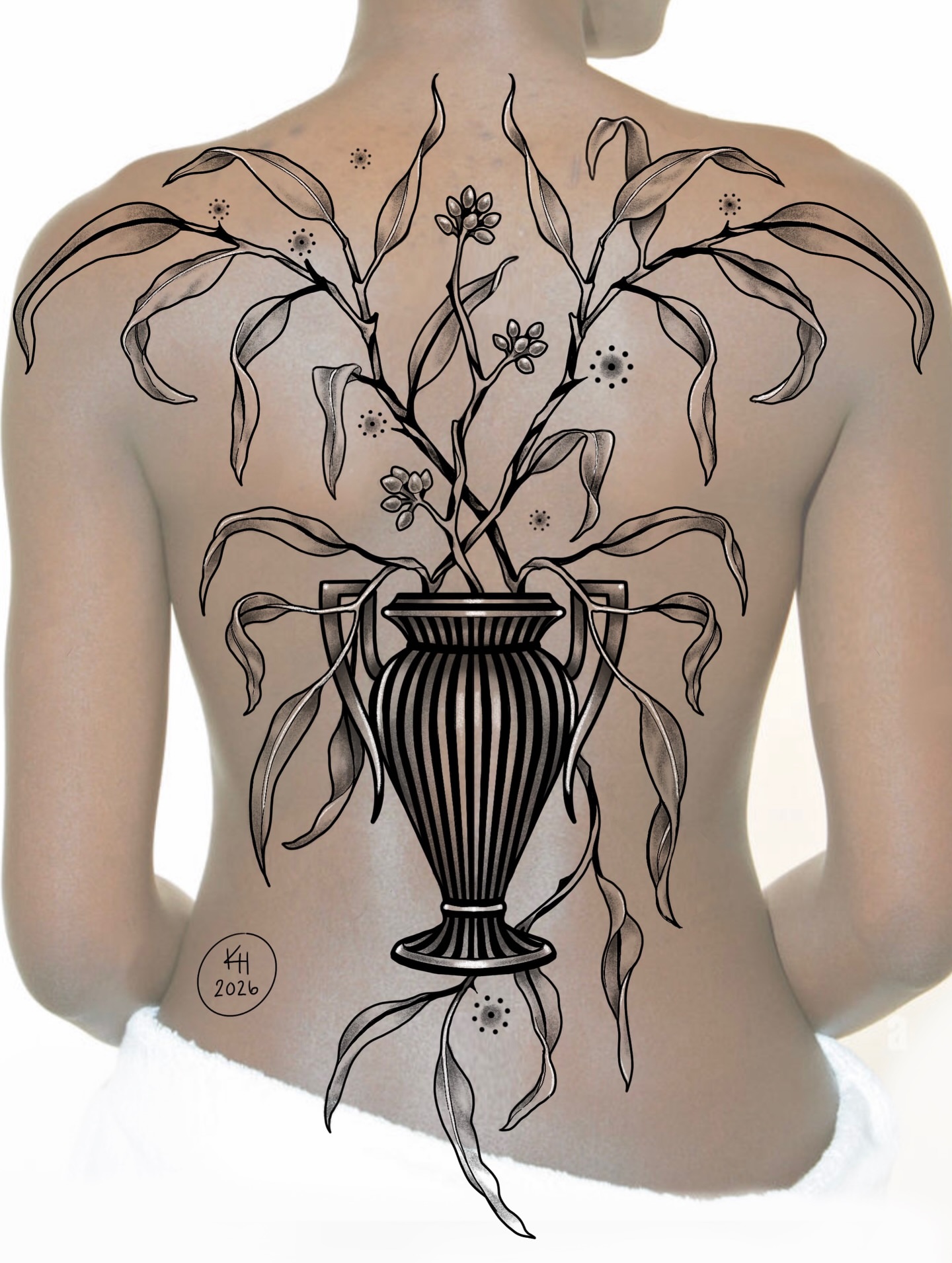 Vase with flowers black and grey tattoo on the back by Kelsi Hooper, Seattle, Washington